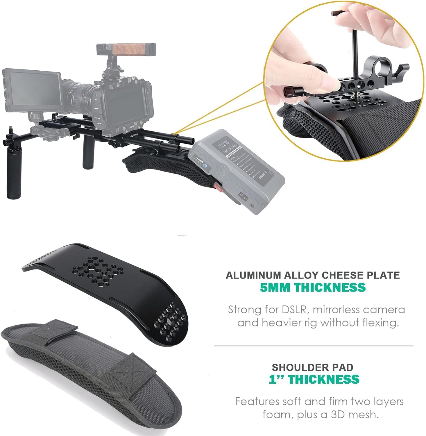 NICEYRIG Sistema di supporto per spalla 15 mm, per videocamere DSLR Cinema, supporto a spalla con piastra di base, asta in lega di alluminio da 15 mm, set di maniglie - 435
