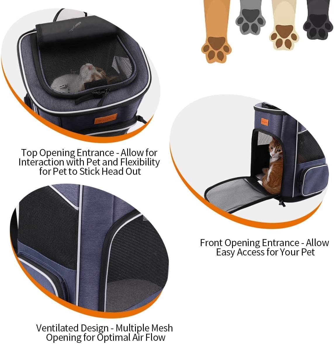 morpilot Mochila Transportín Perro, Mochila Transportín Gato Bien Ventilado con Correa de Seguridad Interior, Bolsa de Transporte para Para Gatos y Perros Pequeños Azul (32 x28 x42cm) + Tazón Plegable