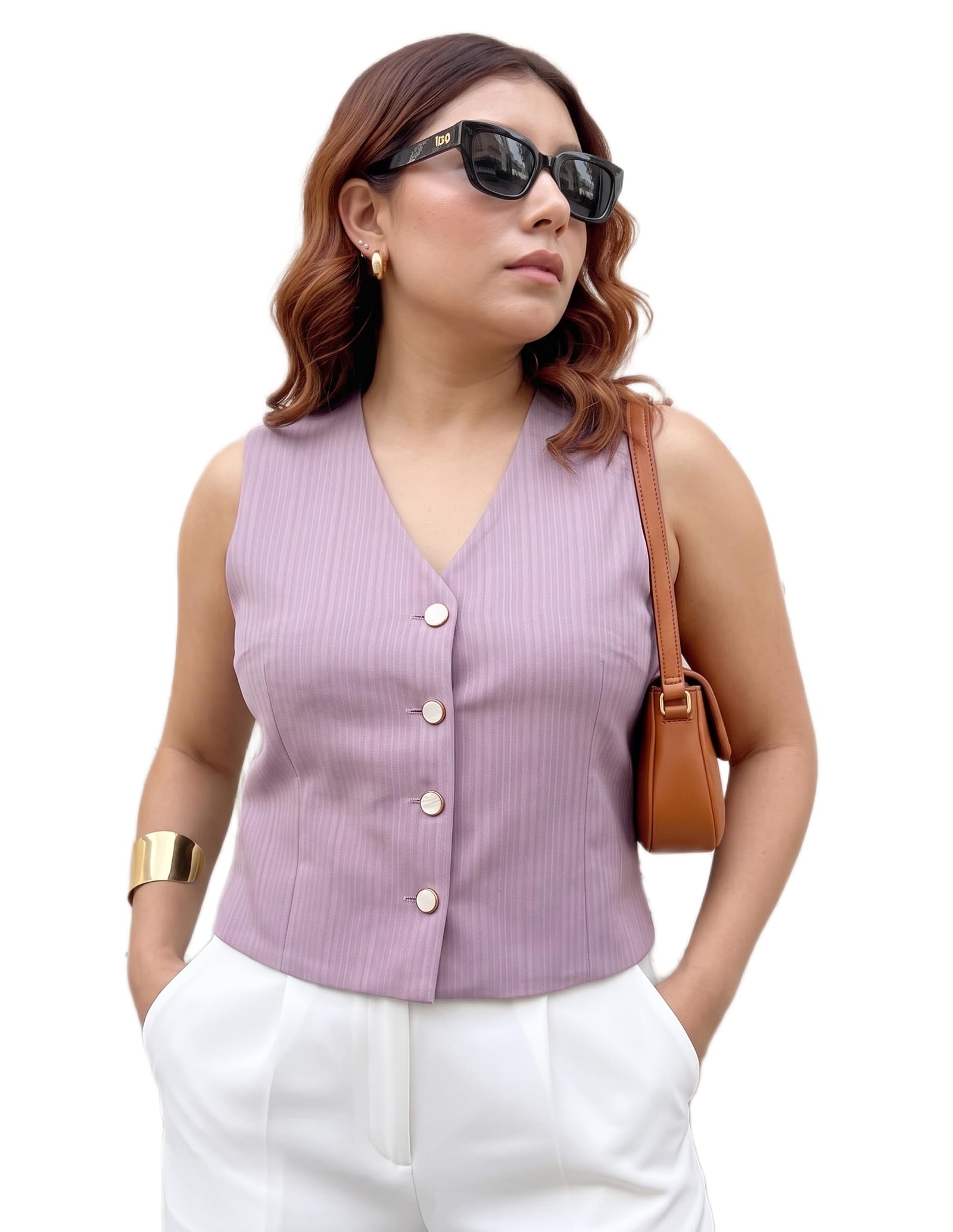 Women's Textured Lilac Sleeveless Vest, Slim Fit Button-Front Waistcoat Top-image-38