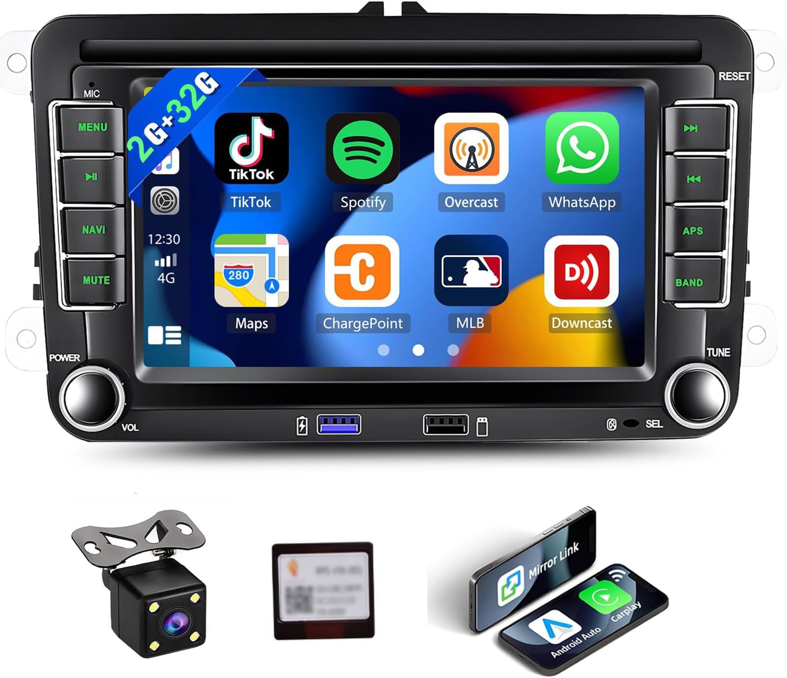 2G+32G Wireless CarPlay Car Radio for VW Volkswagen Passat Seat Golf Jetta Tiguan Touran EOS Android Car Stereo 7 Inch Touchscreen Bluetooth GPS Android Auto WiFi FM/RDS SWC EQ+ USB Backup Camera
