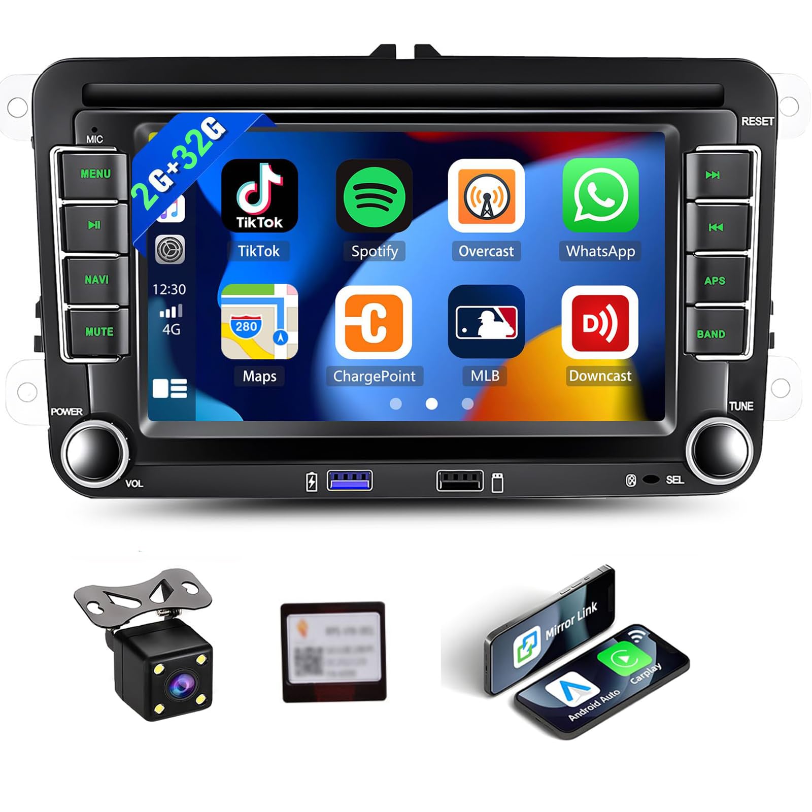 2G+32G Wireless CarPlay Car Radio for VW Volkswagen Passat Seat Golf Jetta Tiguan Touran EOS Android Car Stereo 7 Inch Touchscreen Bluetooth GPS Android Auto WiFi FM/RDS SWC EQ+ USB Backup Camera