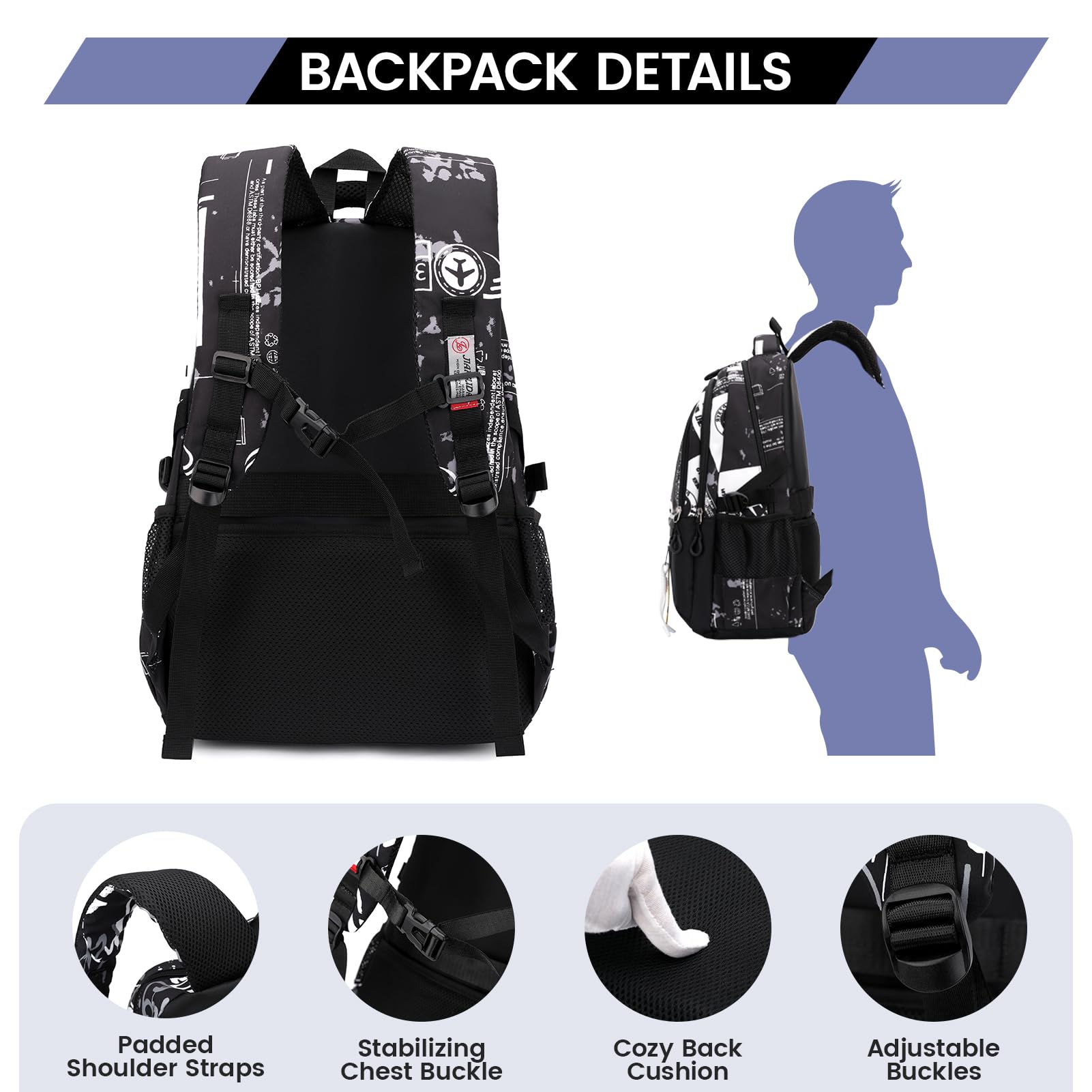 Amythe Schulrucksack Teenager Rucksack für Jungen - Wasserdichter Casual Daypack, Schulranzen Ideal für Schule, Reisen und Hochschulen, School Bag Schwarz