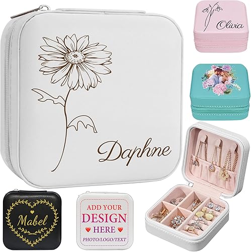 YanNanKe Regalos de dama de honor joyero personalizado con flor de nacimiento pequeño estuche de joyería portátil de viaje mini caja organizadora de