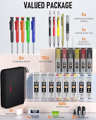 Miniatura 7 de Nicpro Juego de 31 lápices de carpintero con sacapuntas, lápices mecánicos de carpintero con 128 recambios y herramienta de escritura de carburo,