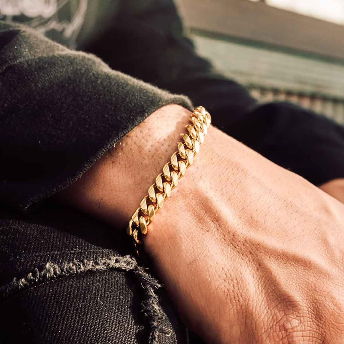 Gold Diamond-Cut Miami Cuban Link Chain Bracelets for Men Women, 8mm 18K Gold Plated Stainless Steel Curb Chain Bracelet - Image 2