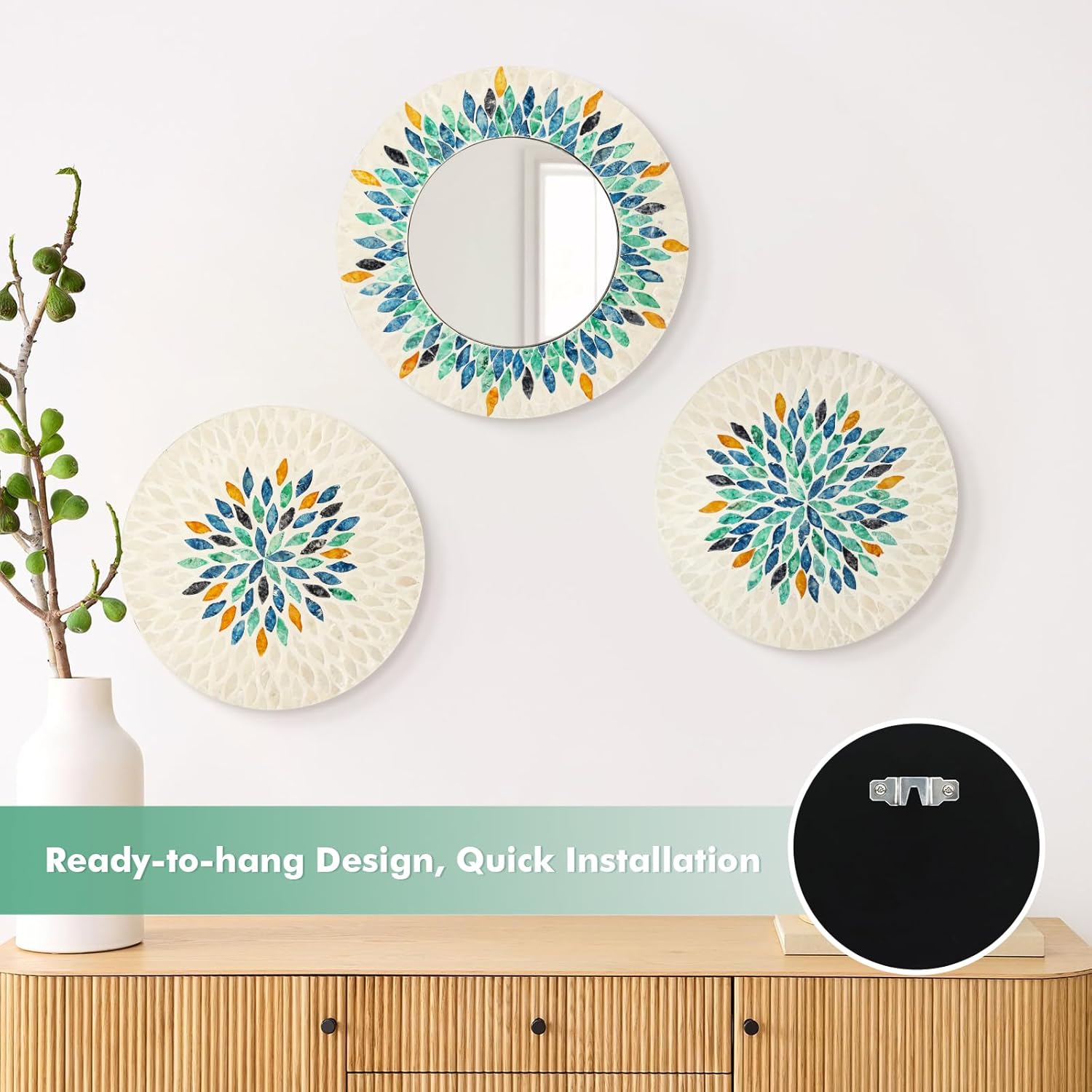 Jewel-Tone Mother of Pearl Mirror Wall Decor for Living Room, 3PCS Handmade Round Wall Art for Home Guest Room Decoration, Unique Mosaic Art Gift for Birthday Wedding Housewarming (Colored) - Image 6