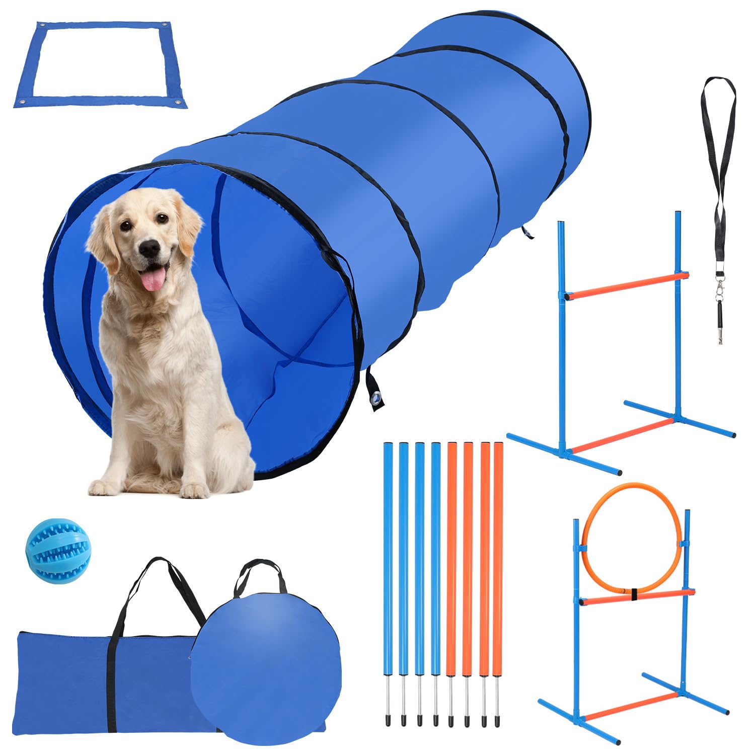 Agility Set Hunde, 5-teiliges Set Agility-Ausrüstung für Hunde, Slalom, Agility Hürde, Sprungring & Hundetunnel, 8 Slalomstangen, Ball, Pfeife, Tragetasche, Hundeparcour, Hundesport
