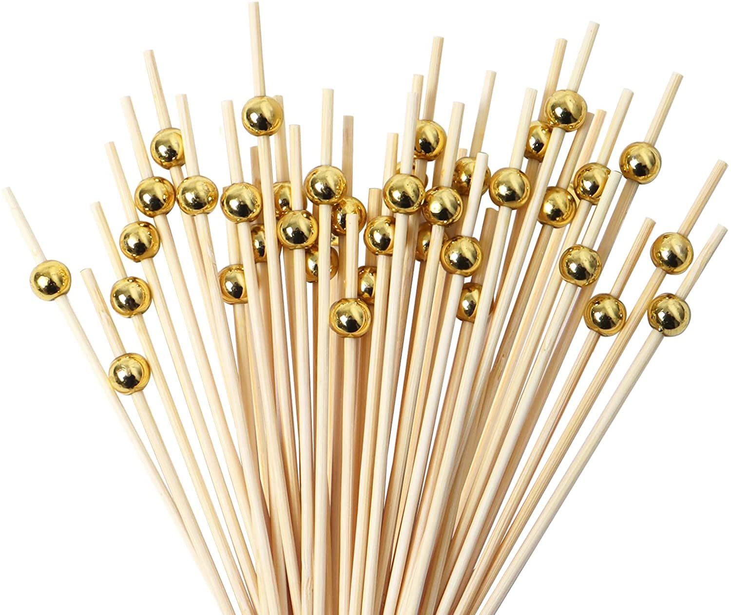 Merin 100 Pieces Appetizer Toothpicks, Reusable Fruit Skewers, Safe and Nontoxic, Spherical Top, Easy to Hold, No Burrs, Perfect for Fruits, Sandwiches, BBQ, Snacks, Appetizers, etc, Gold