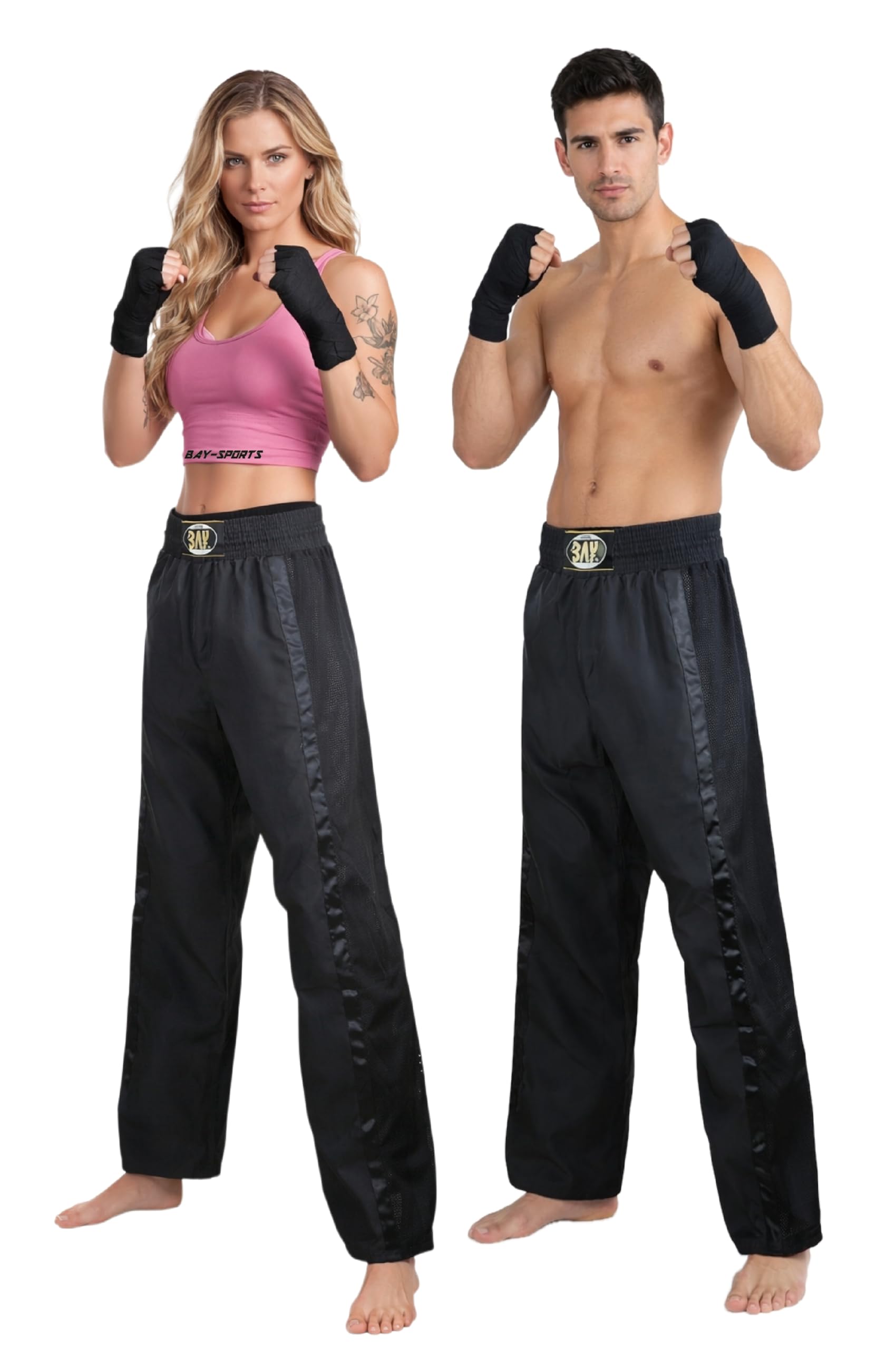 Bay Netz Mesh Kickboxhose Kampfsporthose Schwarz lang Mesh-Netzeinsatz Kontraststreifen in Schwarz seitlich Polyester Erwachsene Damen Herren Kinder Jungen Mädchen Größe L (180)