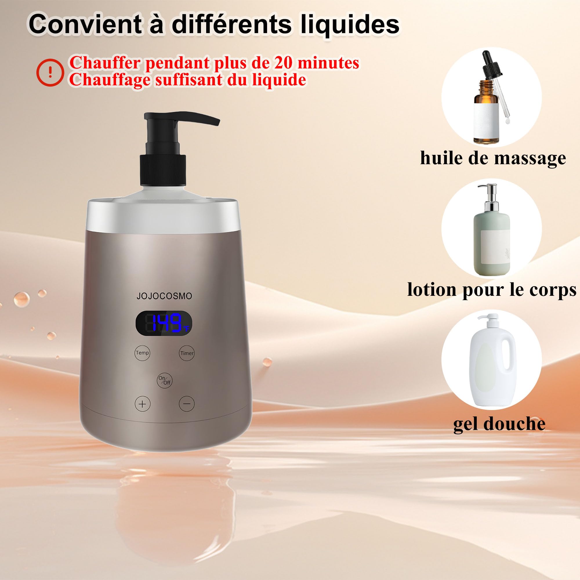 Réchauffeur d'huile de Massage avec Distributeurs d'Huiles Essentielles, Température Réglable 86-149°F, Couleur Champagne