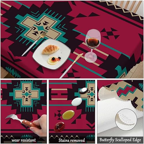 Miniatura 5 de Swono Mantel rectangular con patrón étnico geométrico rojo estilo navajo americano, lavable, a cuadros, para cocina, cena de vacaciones, mantel de
