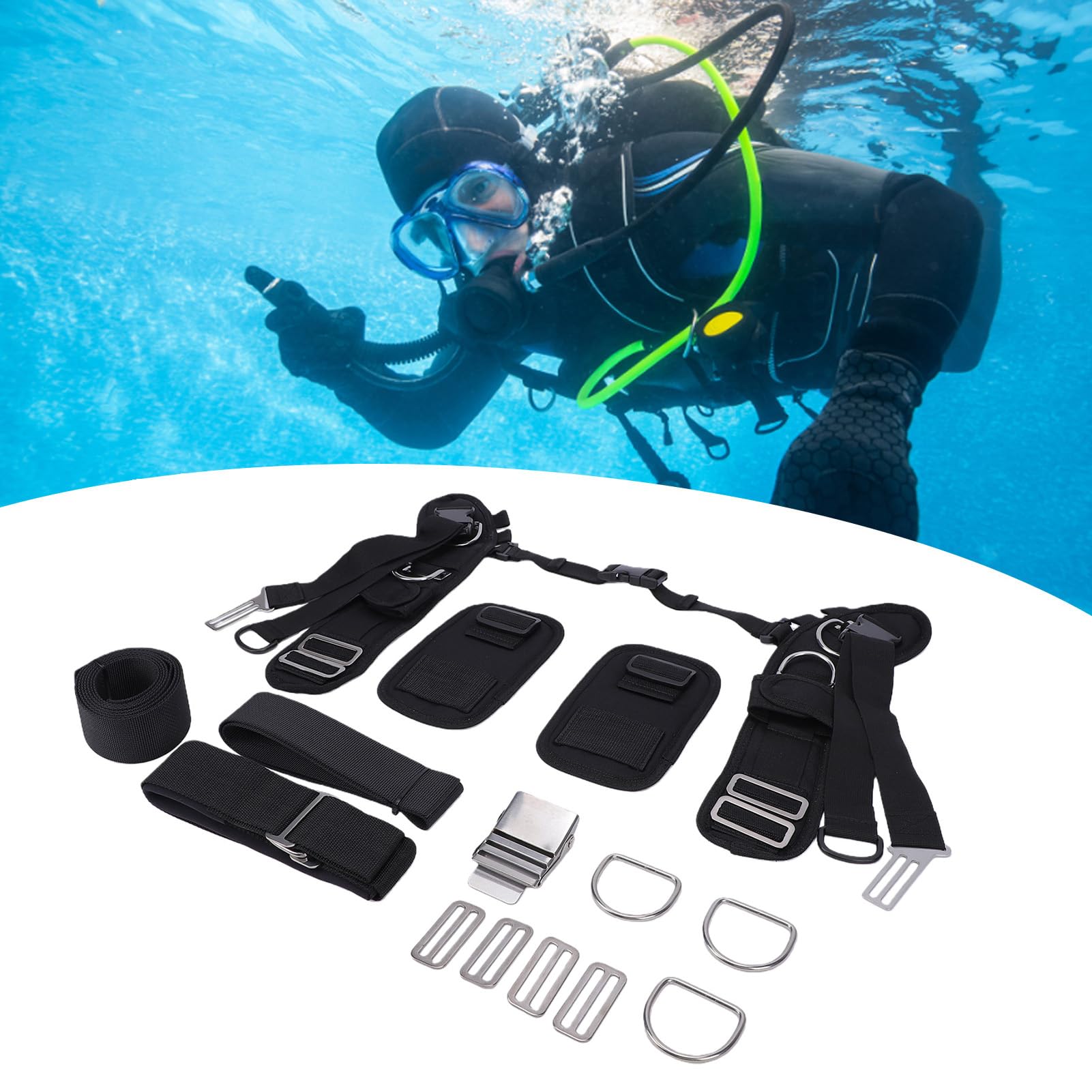 Luocute Imbracatura con Piastra Posteriore per Immersioni Subacquee | Fibbie Antiruggine in Nylon in Acciaio Inossidabile, Spallacci in Neoprene, Anelli di Ritenzione in Gomma Flessibile per