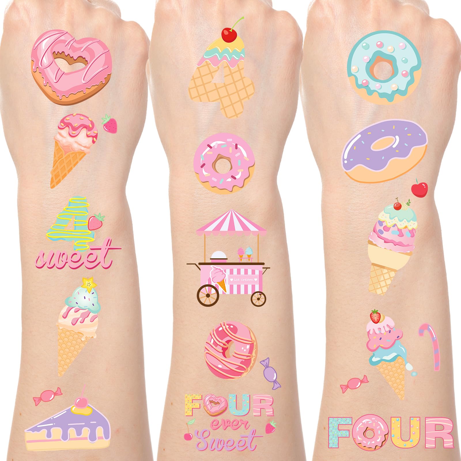 Yoyuspy Sweet Donut Temporary Tattoos - 200+ Four Ever Sweet Birthday Decorations Girl Ice Cream Tattoo Stickers Gifts for Kids Happy 4th Birthday Doughnut Party Decoration Favors Supplies Prizes