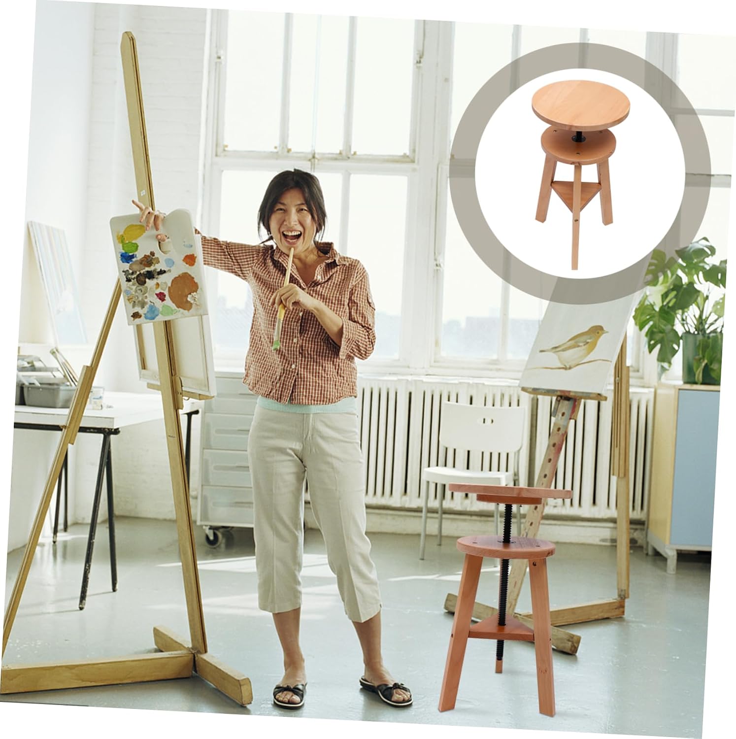 KICHOUSE Adjustable Lifting Painting Stool Wooden Art Supplies Stool Height-Adjustable Sketching Chair for Artists Sturdy Pine Wood Rotating Design for Outdoor Use