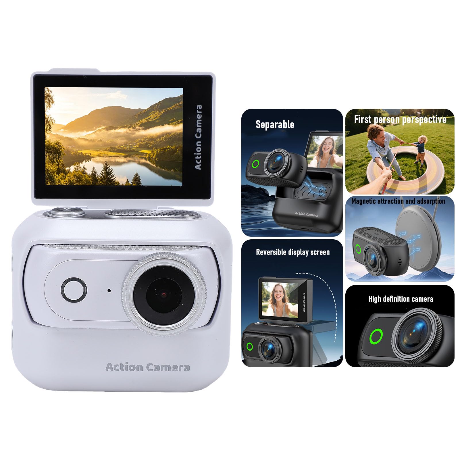 PUSOKEI Videocamera Action 4K con Schermo Ribaltabile, Magnetica e (WHITE) | Schermo Tattile da 2 Pollici, Rallentatore, Time Lapse, Rilevamento Movimento e Supporto Wi-Fi.