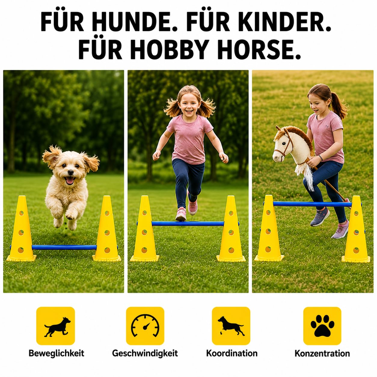 Agility Set Hunde mit 6 Hürden, Cavaletti Hund Trainingsset, 12 Verstellbare Stangen & 12 Pylonen, Hundetraining Zubehör für Hunde Agility, Hobby Horse & Kinder Parcours