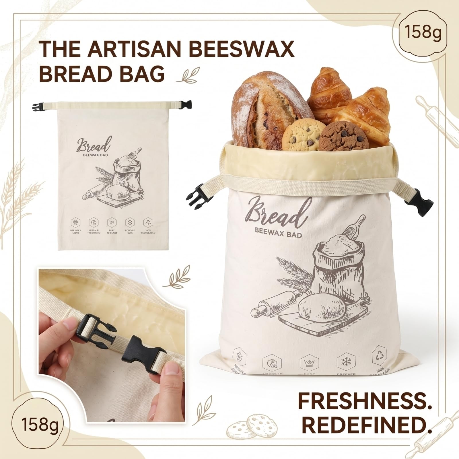 Wiederverwendbare Sauerteig-Brottasche XL, Baumwollbrot-Aufbewahrungstasche mit lebensmittelechtem TPU-Futter, hält hausgemachtes Brot länger frisch, gefriergeeignet, umweltfreundlich
