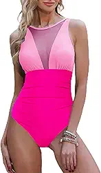 Maiô feminino de malha franzida com gola alta e controle de barriga 2410ZW, Rosa rosa, M