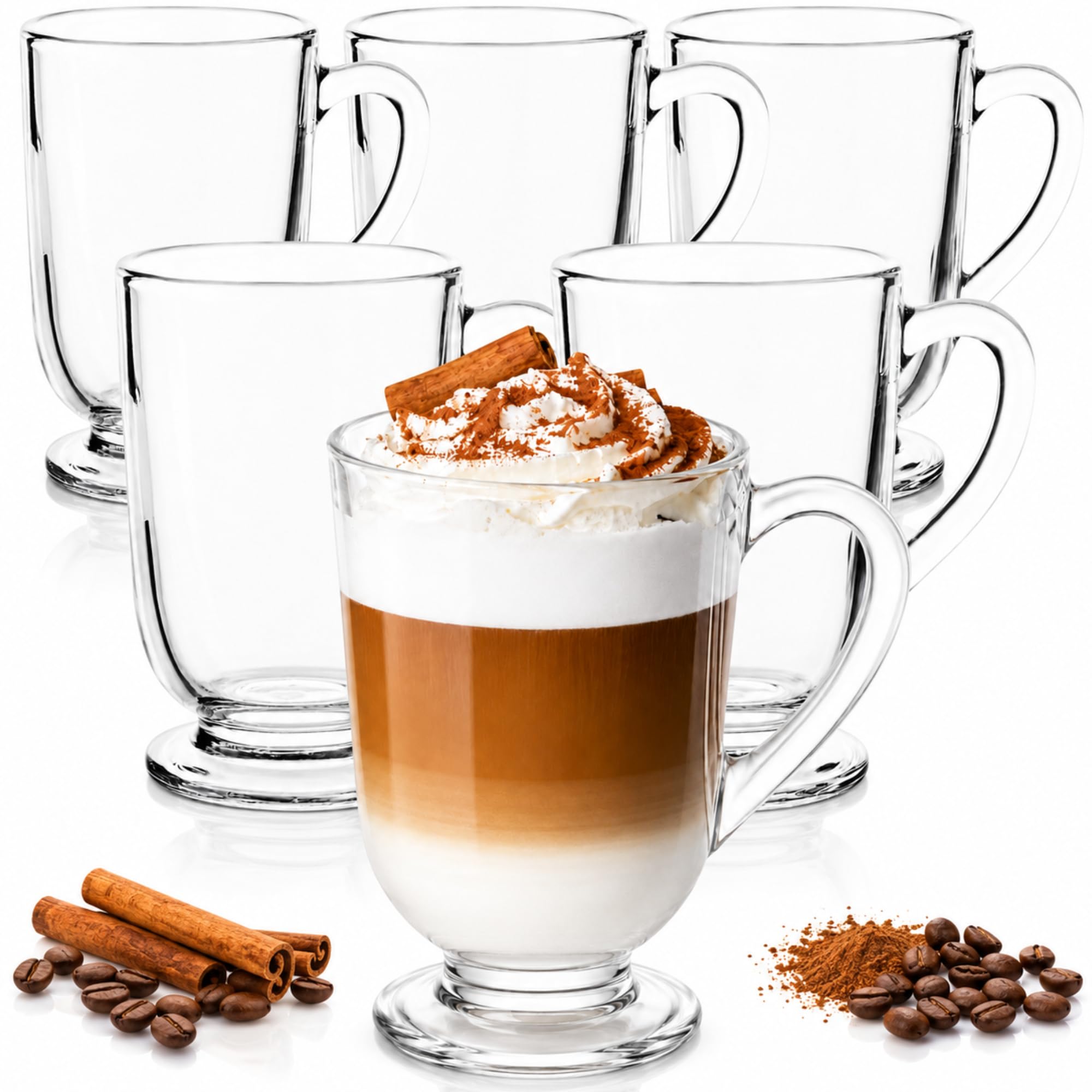 OMAGO® 6x Szklanki do Herbaty z Uchwytem - 300 ml Szklanka do Kawy ze Szkła - Solidne Szklanki Herbaty, Soków lub Latte