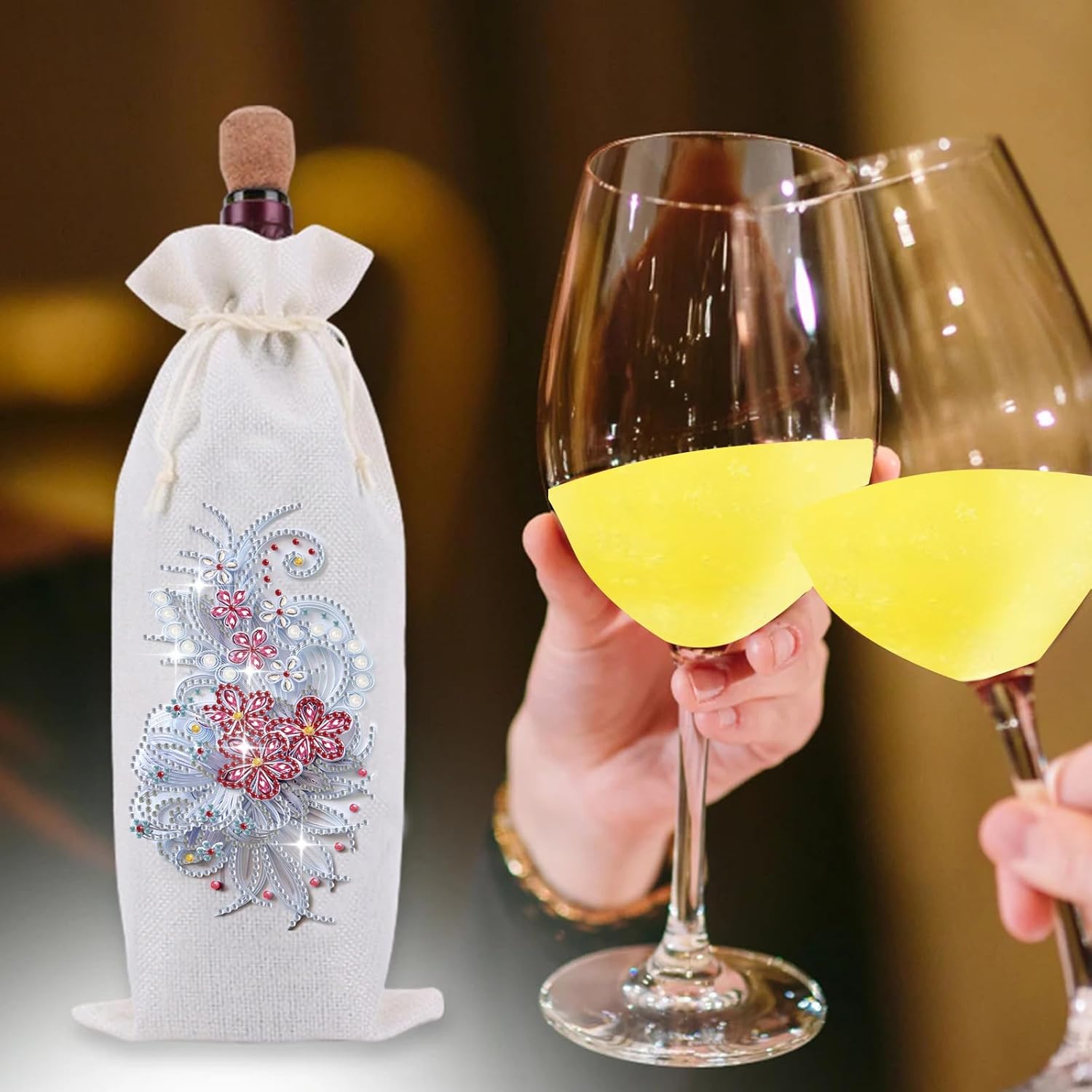 6Pcs Christmas Wine Bottle Bags with Drawstring DIY Diamond Art Painting Burlap Wine Gift Bags for Xmas Holiday Party Wedding Birthday Atmosphere Decoration-02
