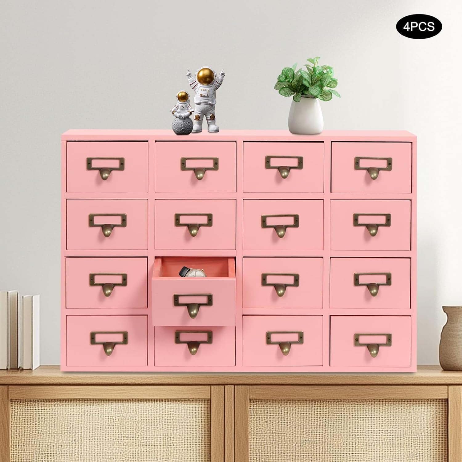 64-Drawer Wooden Cabinet, Rustic Herb Apothecary Storage Box, Tabletop Library Card Catalog Cabinet w/Label Holders Handles, 4Pcs 16 Drawers, Desk Drawer Organizer Medicine Furniture, Pink