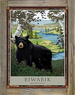 Biwabik Minnesota Black Bear Trees Rustic Metal Print on Reclaimed Barn Wood from Illustration by Artist Mike Rangner 8.5" x 11.5"