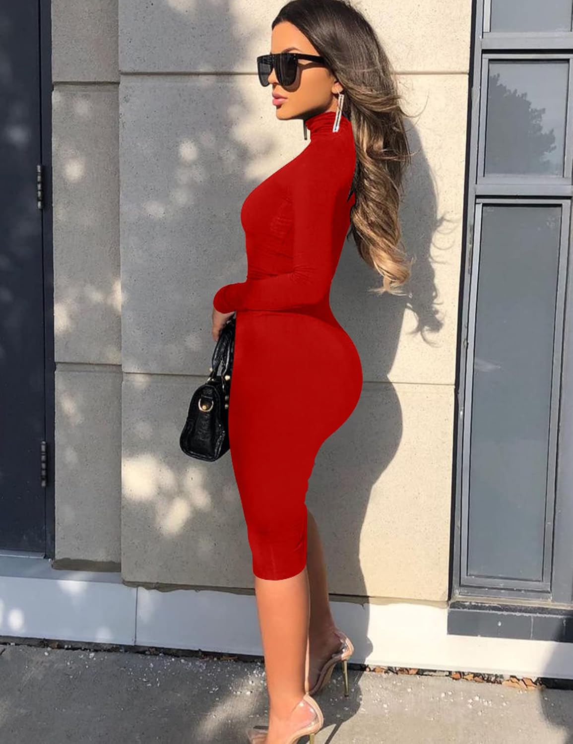 Women's Casual Long Sleeve Bodycon Sexy Turtleneck Midi Club Party Pencil Dresses - Image 6