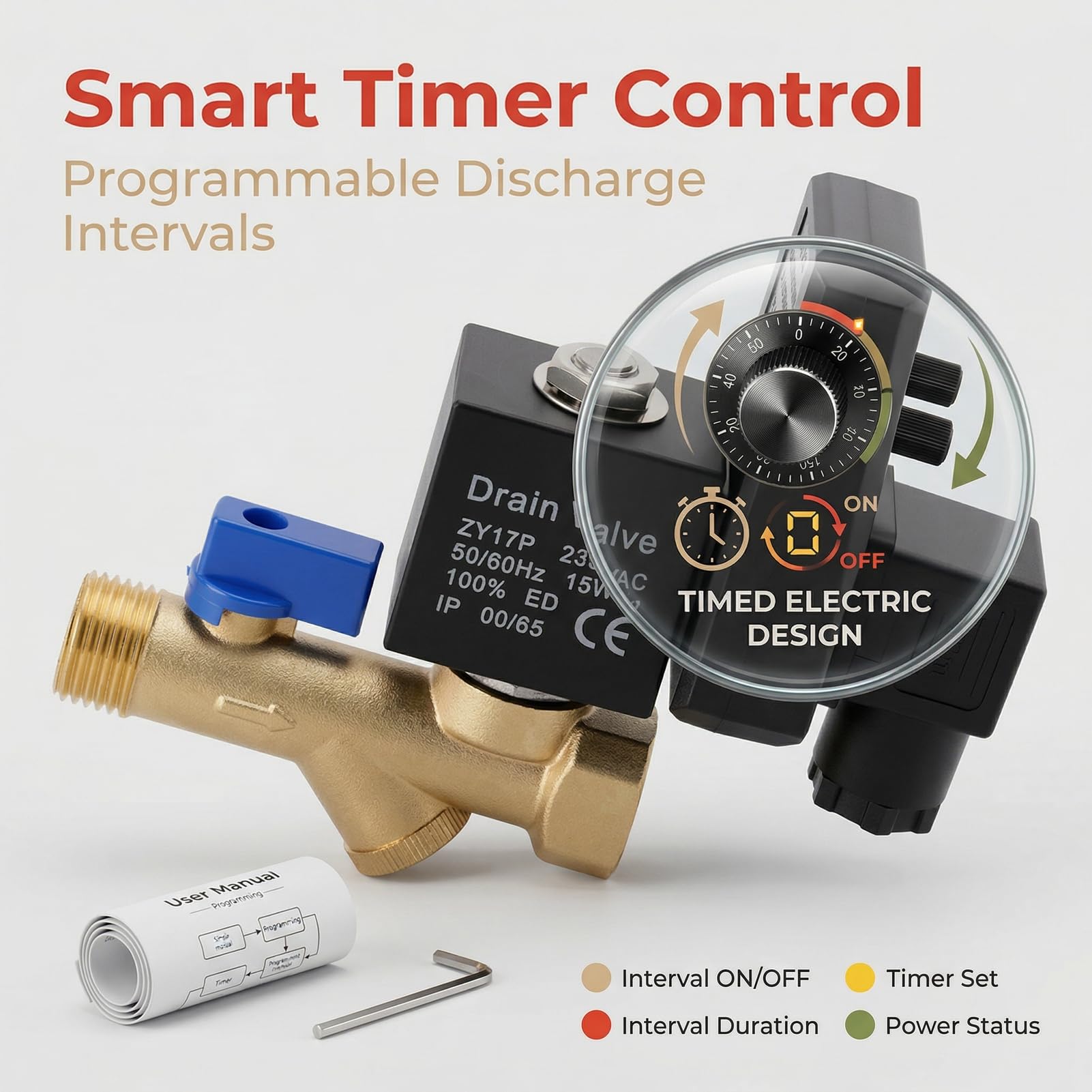 Vanne de Purge des Condensats D'air Comprimé, Purge Temporisée Programmable Avec Plage De Réglage de 0,5-10 S / 0,5-45 Min, économe En énergie pour les Compresseurs D'air (AC230V)
