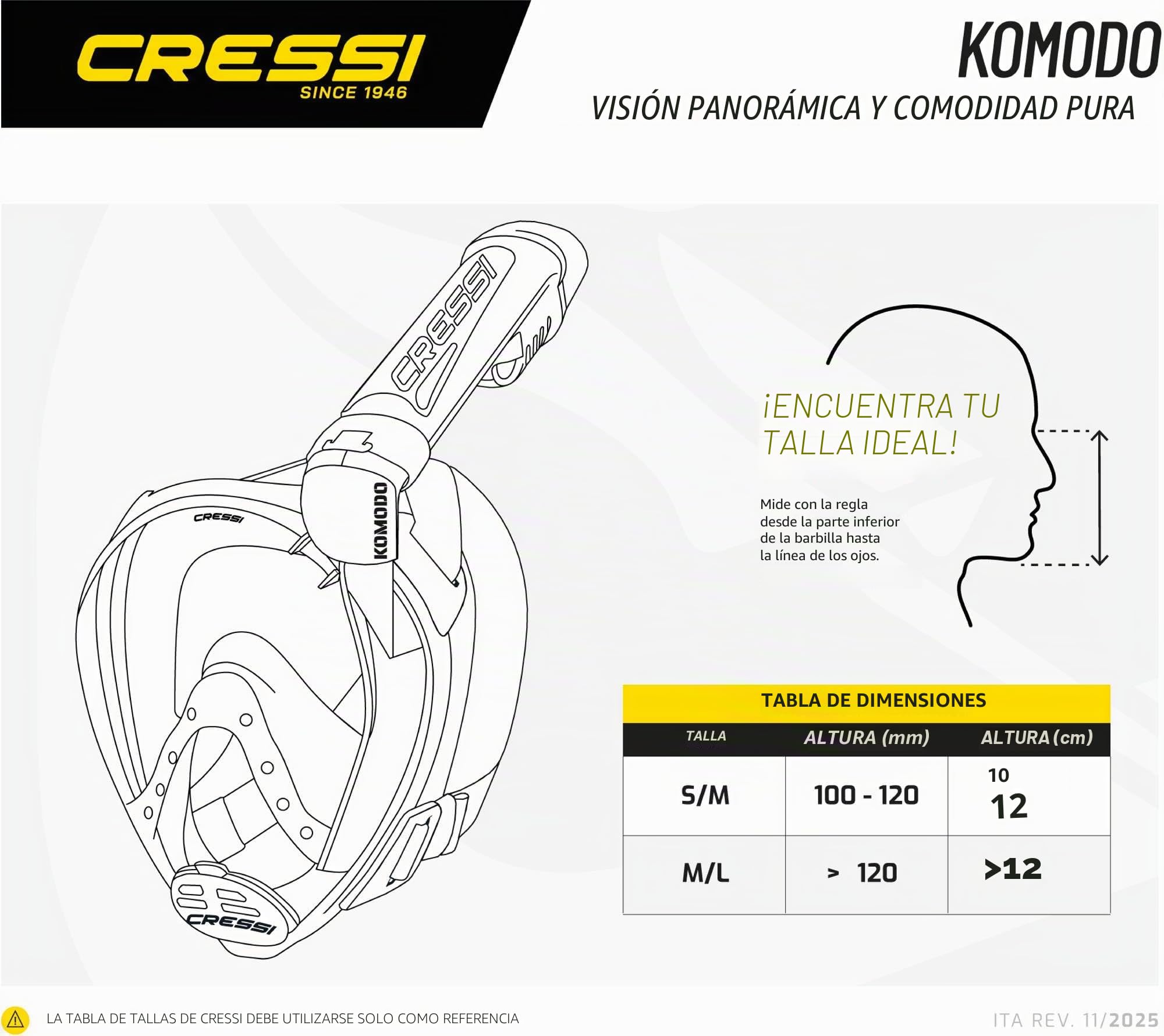 CRESSI Desde 1946 - Komodo Full Face Máscara Integral Seca para Snorkel Visión de 180° - CO2 Seguro - Silicona 100% Antivaho - Tubo Lateral - Correas Elásticas Ajustables