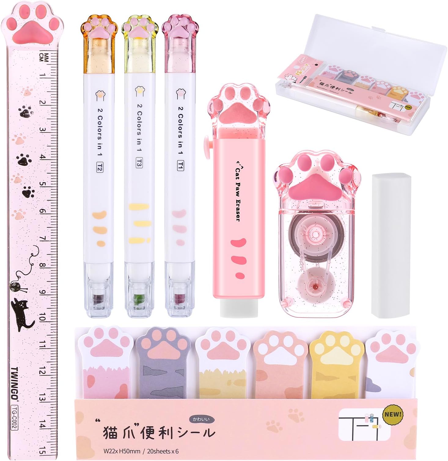 9pcs Cute Cat Paw Stationery Set, Kawaii Cartoon Pencil Cases Double-Ended Highlighter Correction Tape Cube Retractable Erasers Ruller Sticky Notes Eraser Replacement Core School Supplies