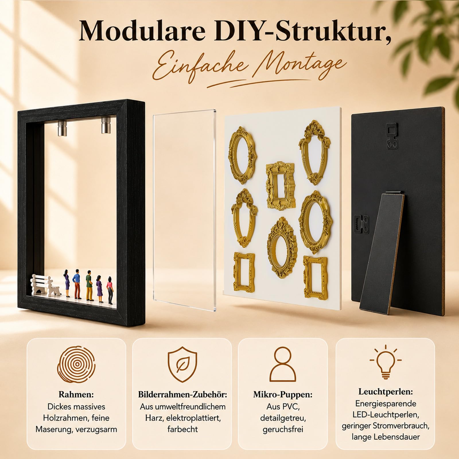 DIY Mini Museum Silhouette Box Set mit LED Licht – 8 Goldene Rahmen & 8 Figuren, Museum of Us, Mini Bilderrahmen Vintage, Miniatur Bilderrahmen für Geschenk,Idee für Jahrestag Geschenke Freunde