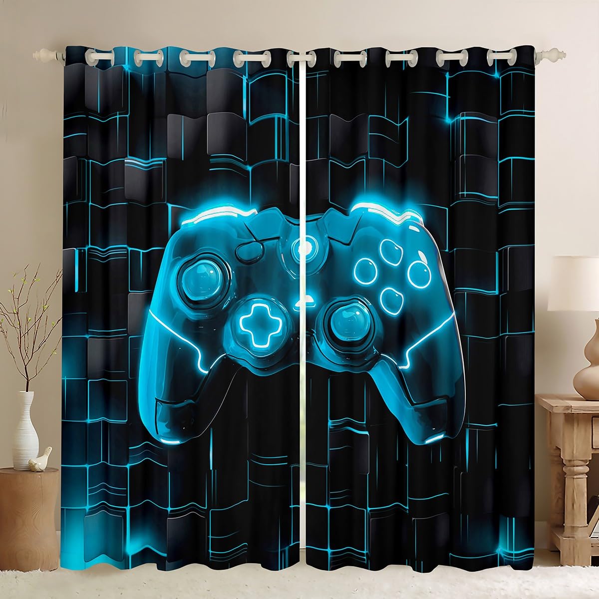 Manfei Video Games Kids Blackout Curtain Black Blue Gaming Console Window Treatments, Children Gamer Window Drapes for Boys Teens Room Decor, Grommet Top 2 Panel Set Bedroom Curtains, 46Wx54L inch โ image 1