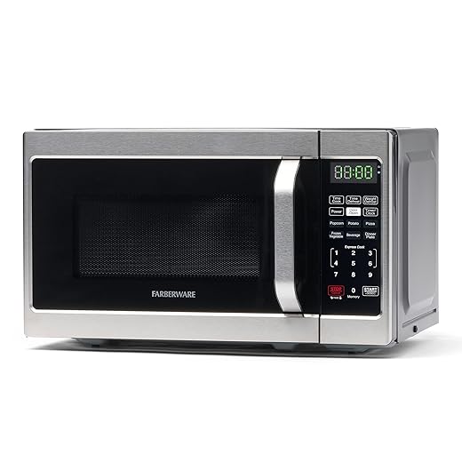 Farberware 0.7 Cu. Ft. Countertop Microwave Oven – 700 Watts Power, Auto Cook Settings, Defrost, Easy Clean and Child Safety Lock - Stainless