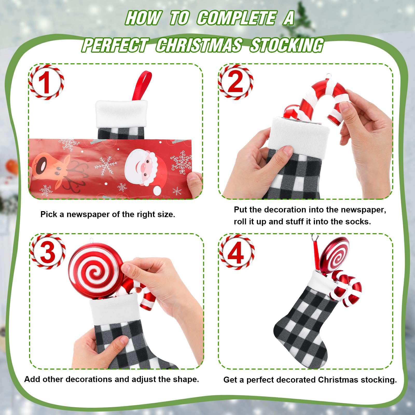 Lot de 60 mini chaussettes de Noël en peluche à carreaux de buffle - Décoration de Noël classique pour la maison, la fête, la cheminée