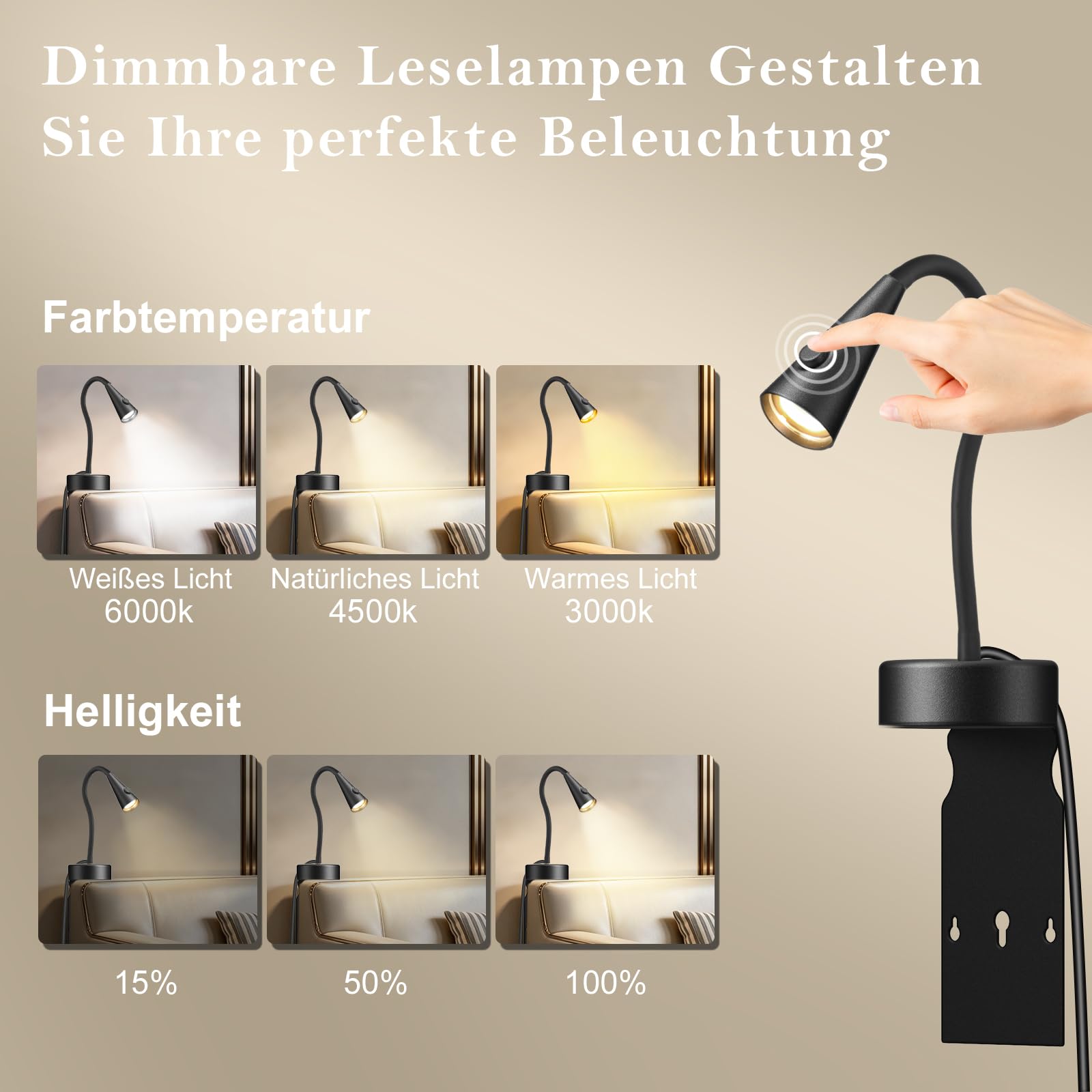 LED Leselampe Bett ohne Bohren, Einschub Wandleuchte für Kopfteil, Dimmbar & Farbtemperatur Einstellbar, Wandlampe mit 360° Schwanenhals, Flexible Nachttischlampe Schwarz mit Schalter
