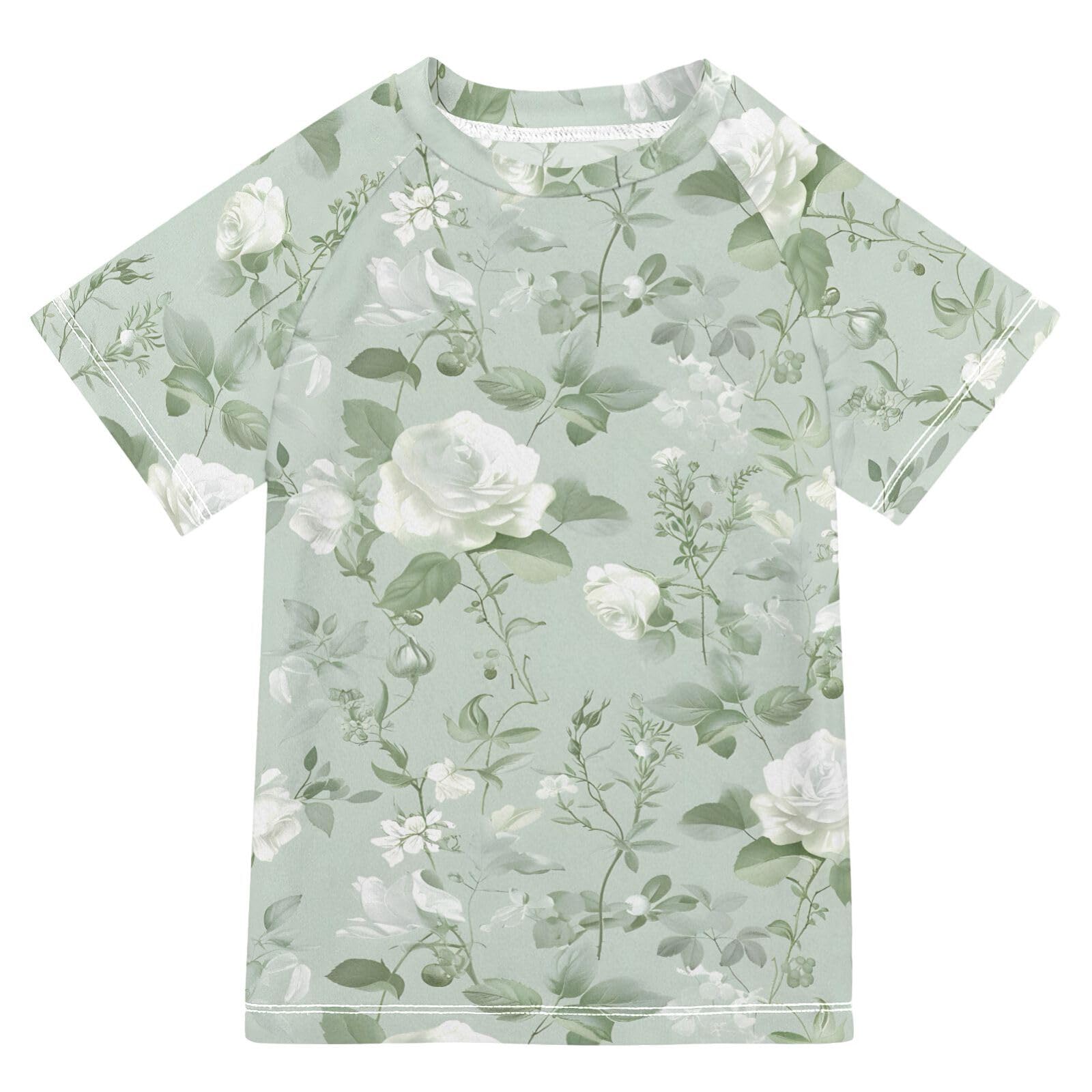 ALAZA Kids Rash Guard Boys Toddler Swim Shirts Short Sleeve White Rose Flower Light Green UPF 50+ 3T