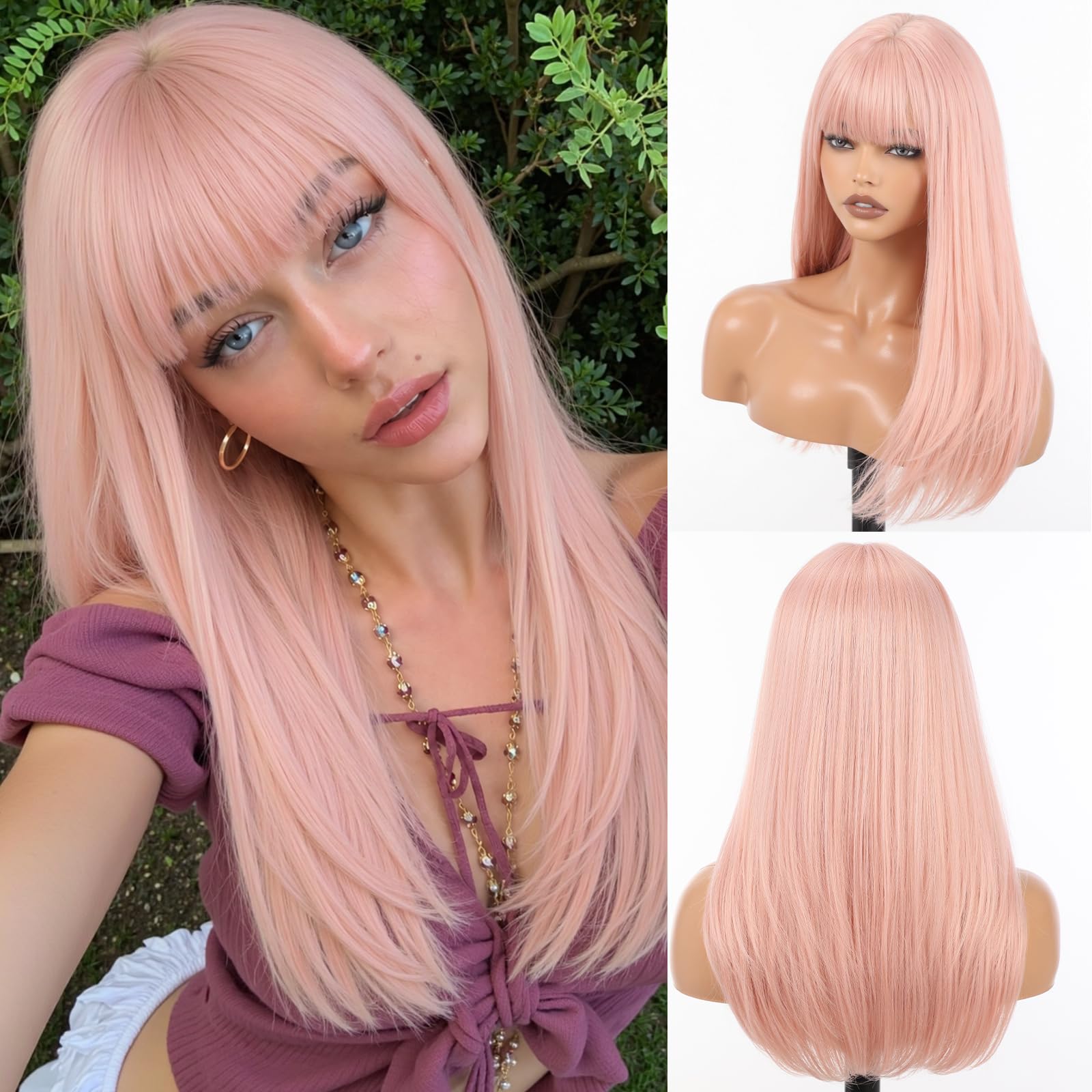 HAIRCUBE Pink Wigs for Women 20 Inch Long Straight Layered Hair with Bangs Heat Resistant Fiber Synthetic Wigs Daily Natural looking
