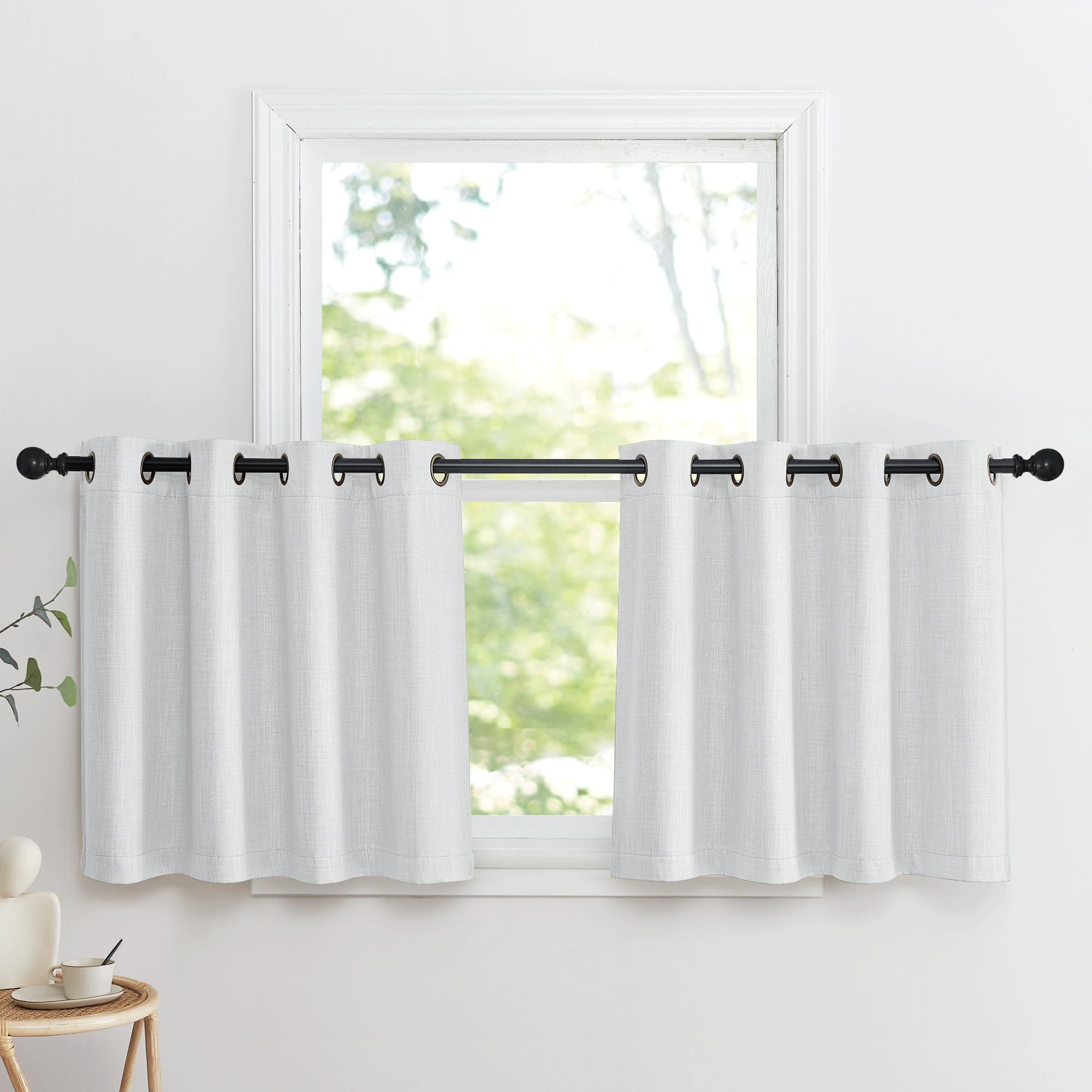 NICETOWN Faux Linen Curtain Valances for Kitchen Over Sink, Farmhouse Light Filtering Privacy Window Covering for Bathroom, Short Curtains for Cabinet, W52 x L24 inch, 2 Panels, Greyish White