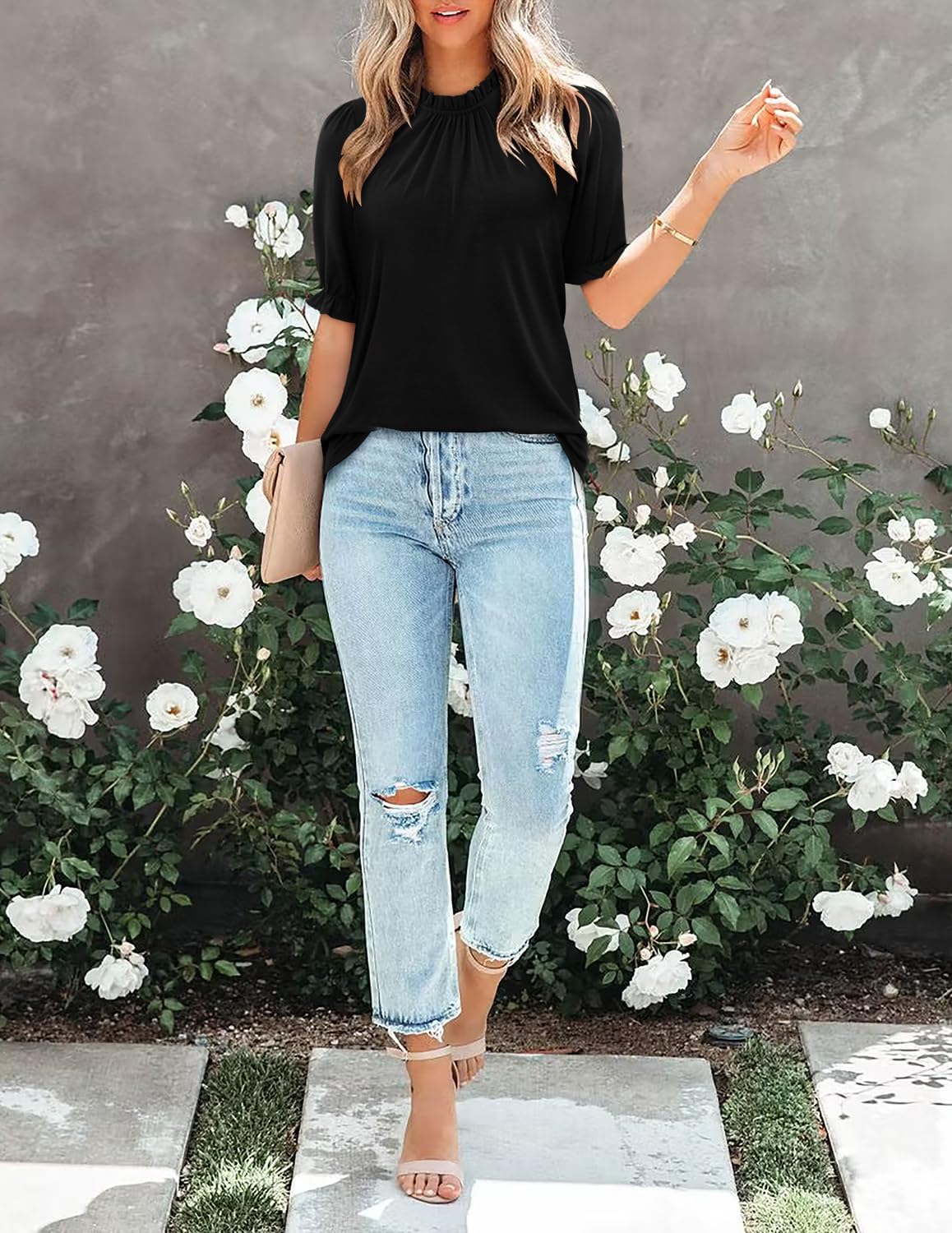 CHICZONE Women's Mock Neck Casual Summer Tops Ruffle Short Sleeve Keyhole Back Boho Blouses - Image 5