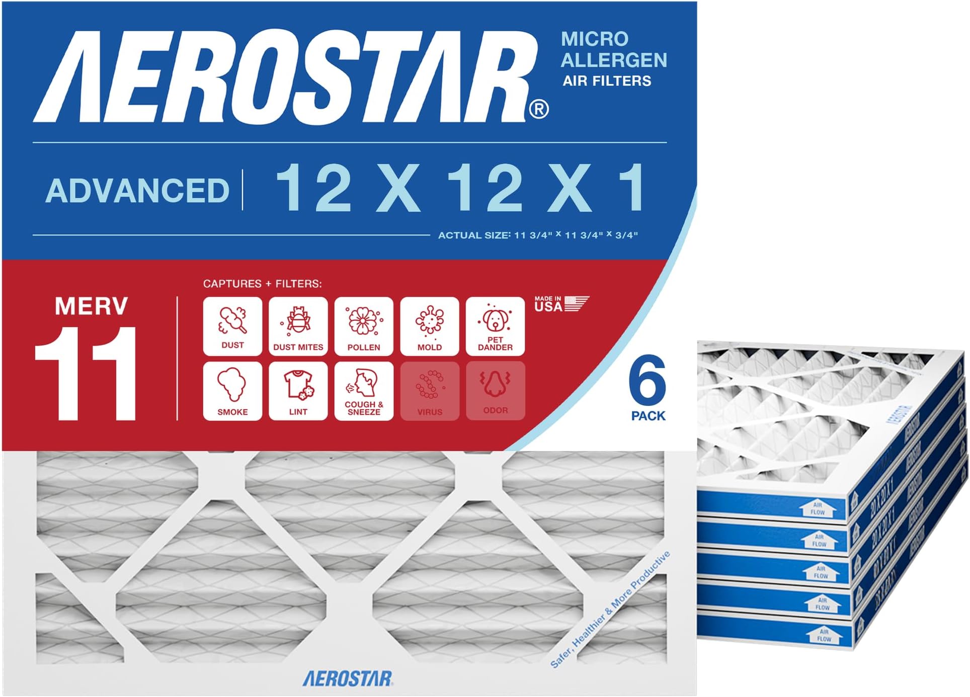 Aerostar 12x12x1 MERV 11 - 6 Count - Pleated HVAC, Furnace & Air Conditioner Filters - Removes Dust, Cold & Flu Germs, Lint, Mold, Pet Dander, Allergy-Causing Pollen, Smog & Smoke
