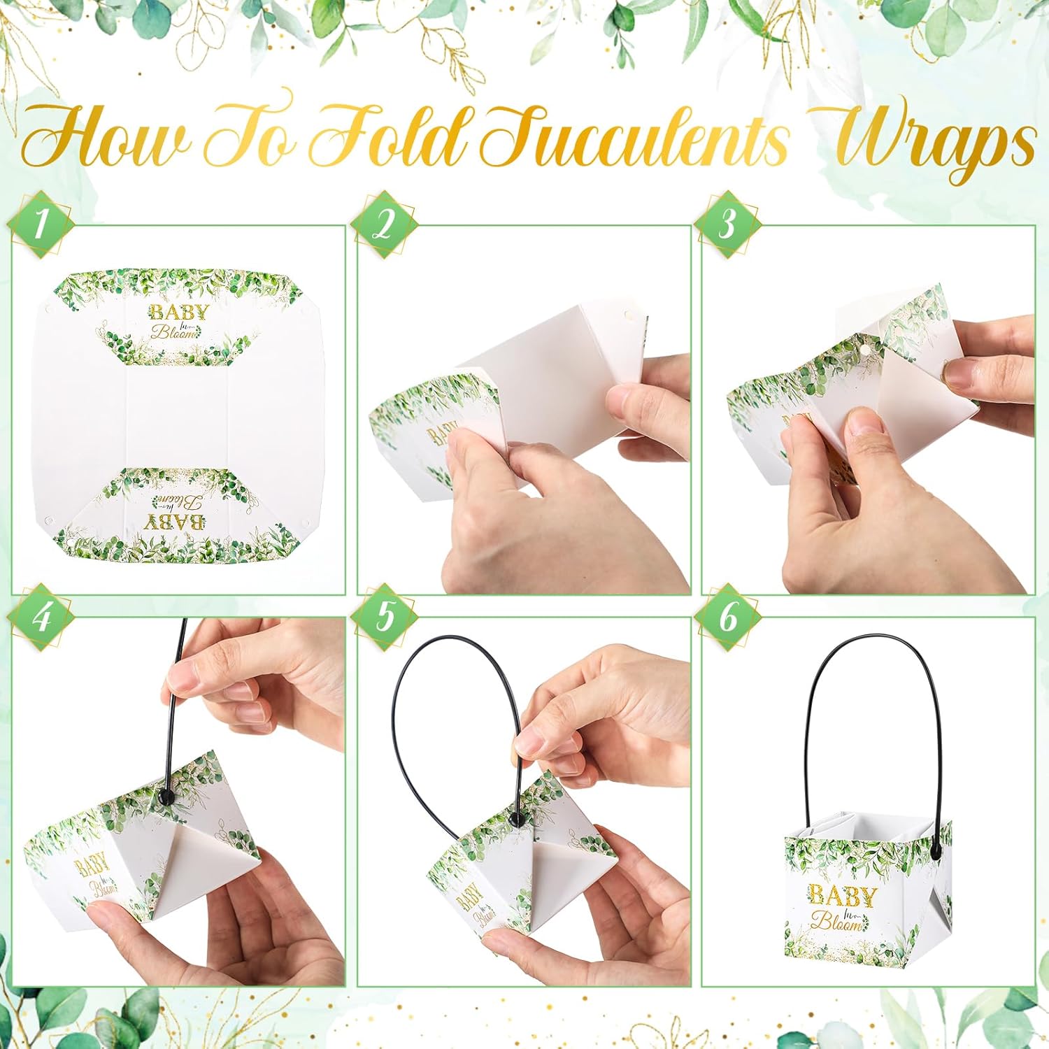 Soaoo 60 Pcs Succulent Baby Shower Favors Bulk Grow Succulents Wrap Bags with Handles Baby in Bloom Plants Paper Pots Gift Boxes Decorations Supplies Plants not Included Fits 2 Inch Pots(Eucalyptus) - Image 3