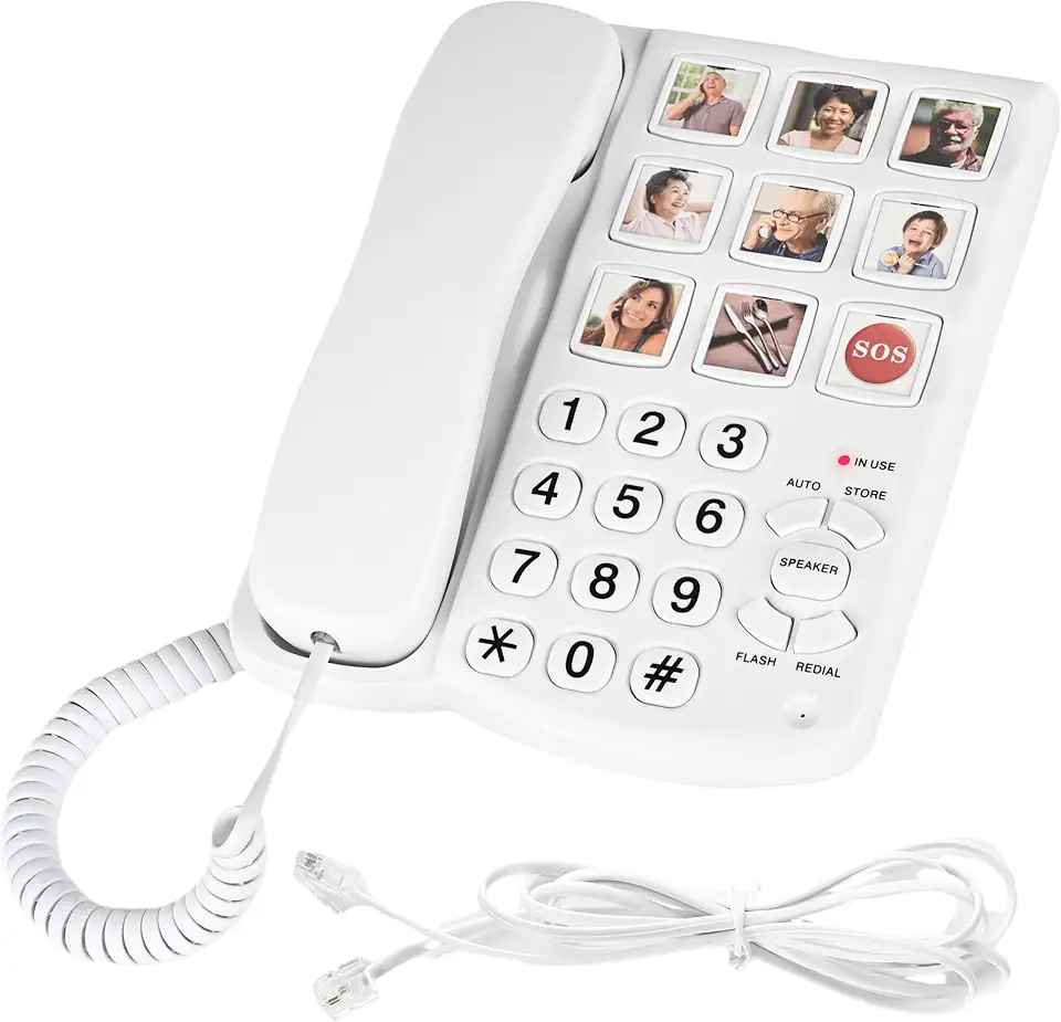 Telefones fixos para idosos, telefone fixo com memória de 9 imagens para idosos, mostrador com um toque, toque amplificado de 110dB+ – telefones com fio para deficientes visuais, demência e Alzheimer
