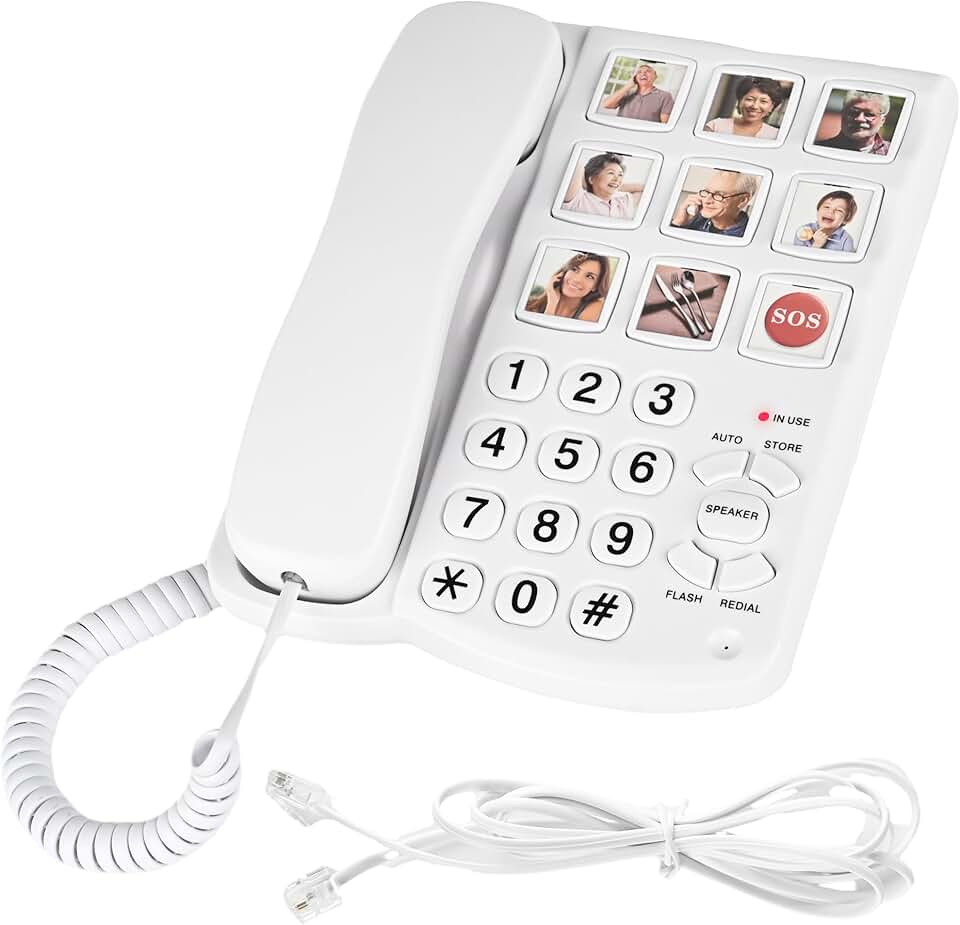 Telefones fixos para idosos, telefone fixo com memória de 9 imagens para idosos, mostrador com um toque, toque amplificado de 110dB+ – telefones com fio para deficientes visuais, demência e Alzheimer