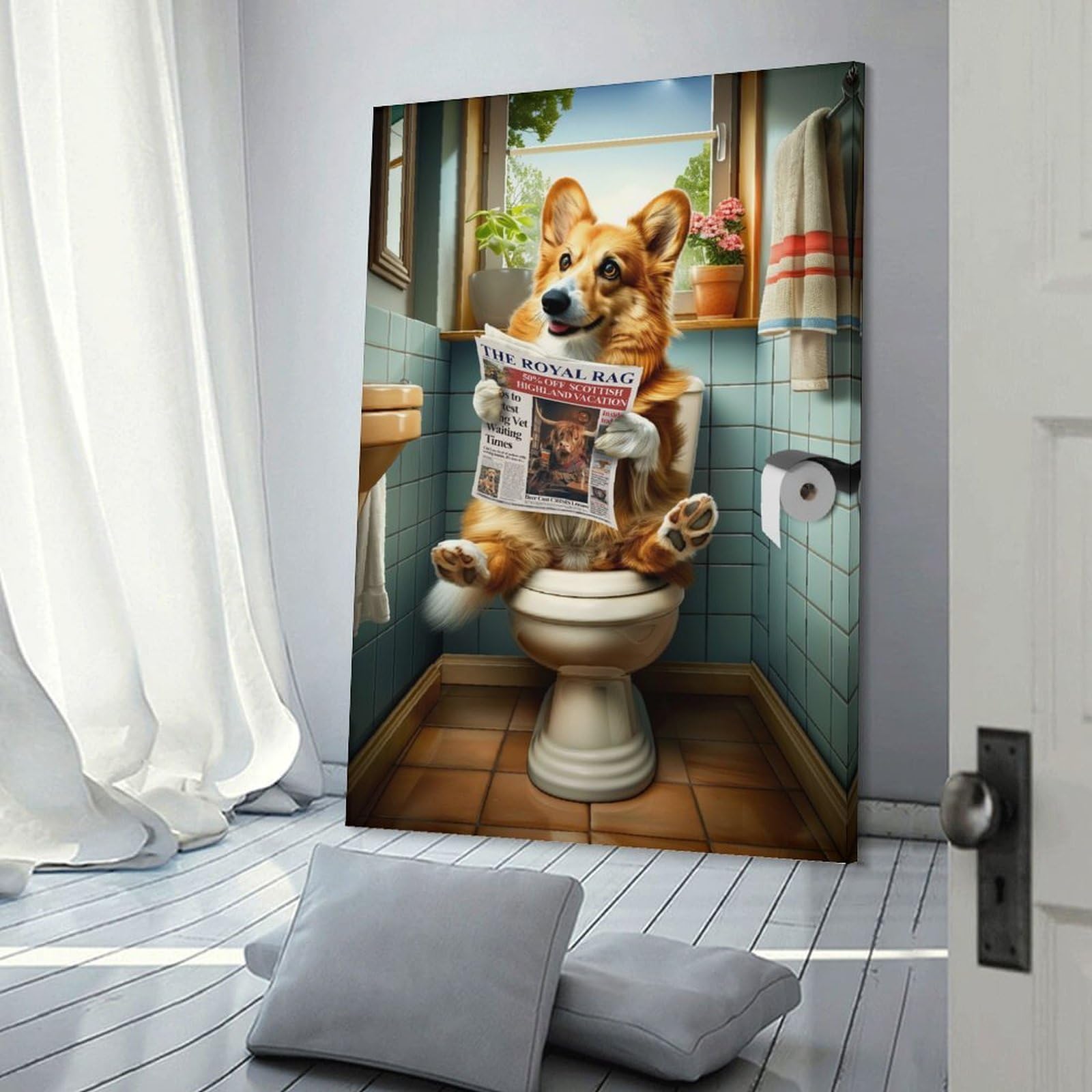 Junmoney Frame-Style-14 Corgi In The Bathroom Wall Decor Canvas Print, 24X36inch(60X90cm), For Lounge, Bedroom Or Personal Spaces, Thoughtful Wall Decor For Art Lovers