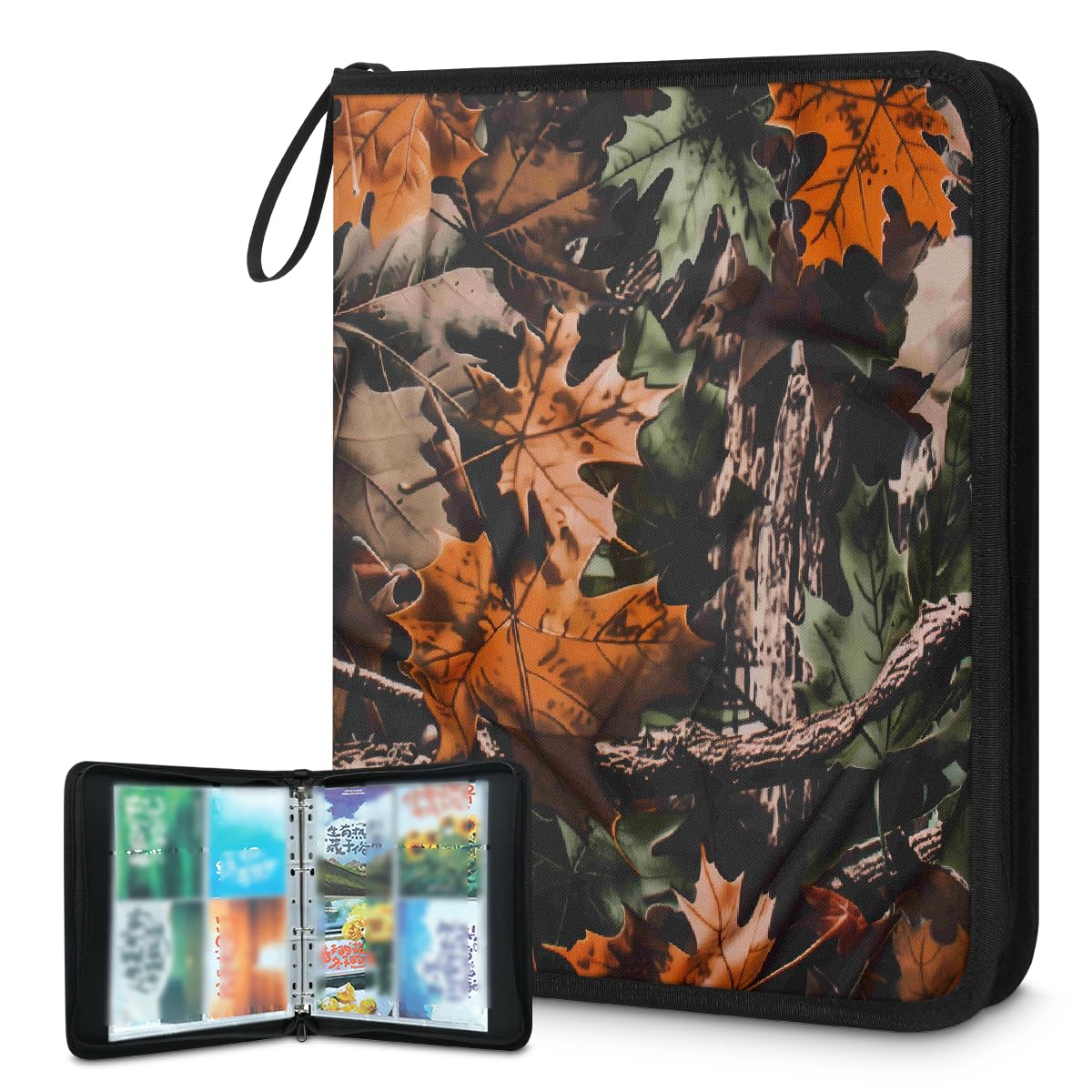 Raccoglitore per carte collezionabili con 4 tasche, motivo albero della foresta, motivo mimetico, con foglie mimetiche, con maniche rimovibili, impermeabile, con cerniera, 50 pagine, capacità 400