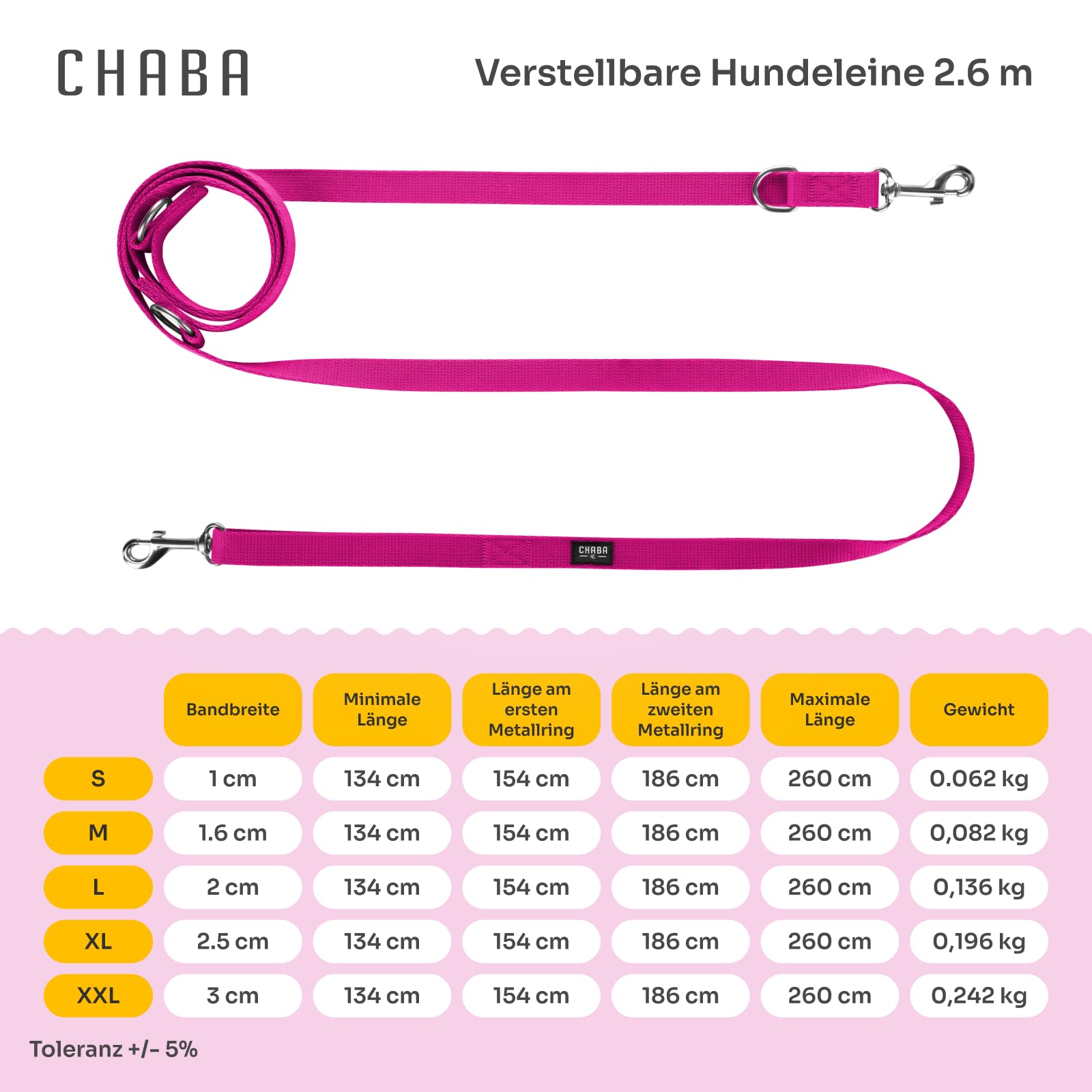 Chaba Hundeleine für Kleine Hunde mit 2 Karabinern | Spaziergang mit Zwei Hunden gleichzeitig | Verstellbar 1.35-2.6m | Breite 1 cm | 2 Tragevarianten | Leicht | Robust | Dog Leash | Fuschia, S