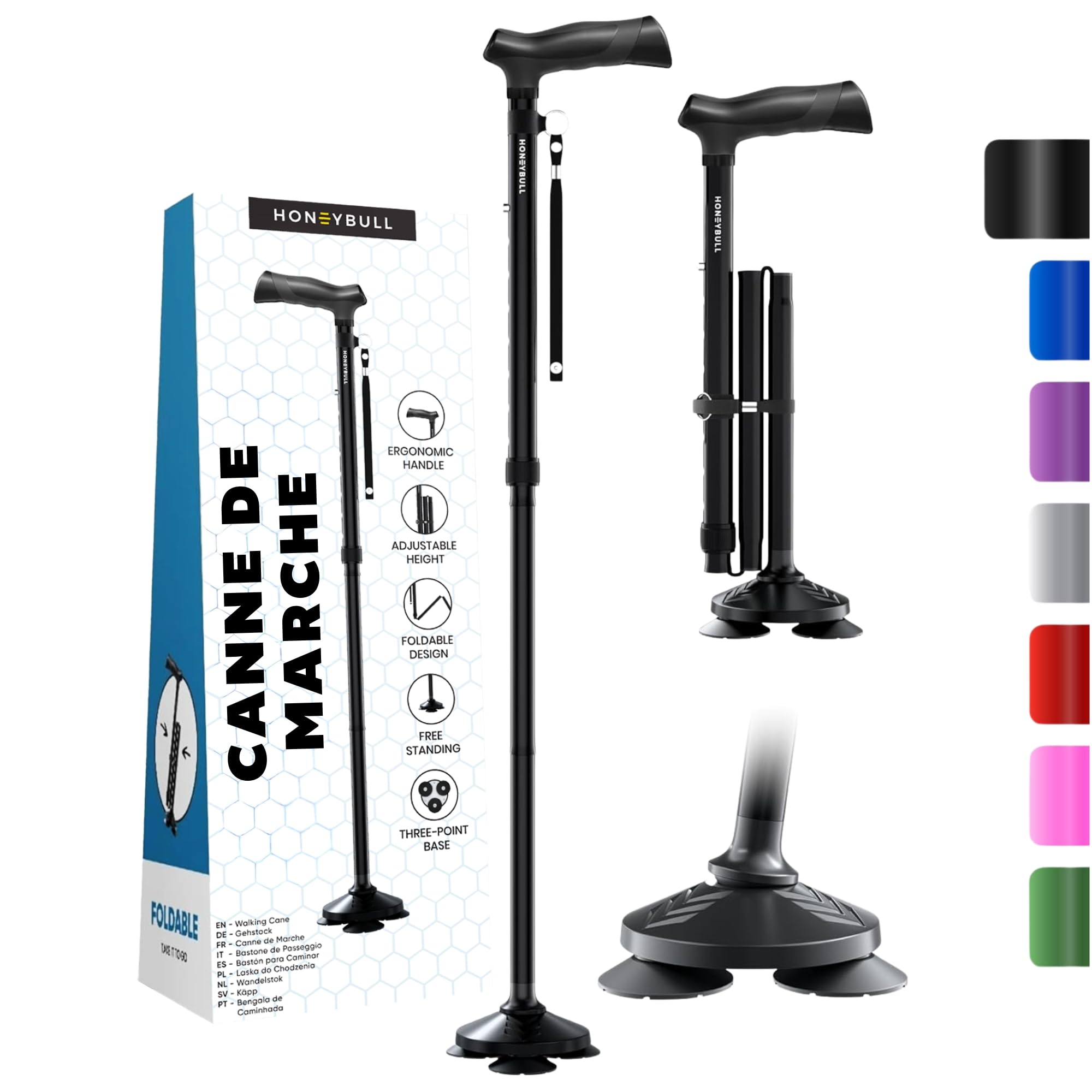 HONEYBULL Canne de Marche Tripode Pliable pour Homme et Femme, Réglable en Hauteur, Base Antidérapante Tout Terrain, Canne en Aluminium Robuste et Légère pour Seniors et Aide à la Mobilité