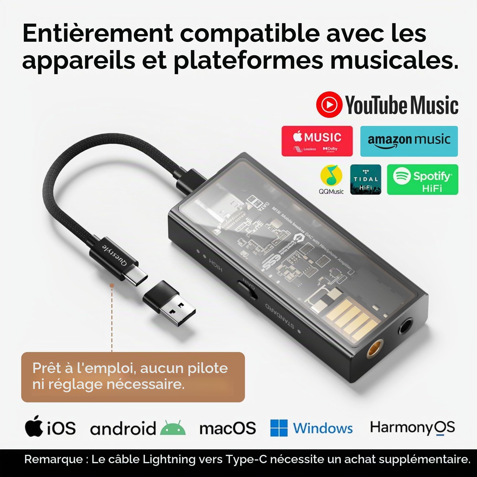Questyle M15i Amplificateur Casque DAC USB Ampli Portable avec Dual-Jack, Ampli Casque Portable - Certifié Apple MFi, DAC Hi-Res - Faible Bruit, pour iOS/Android/PC