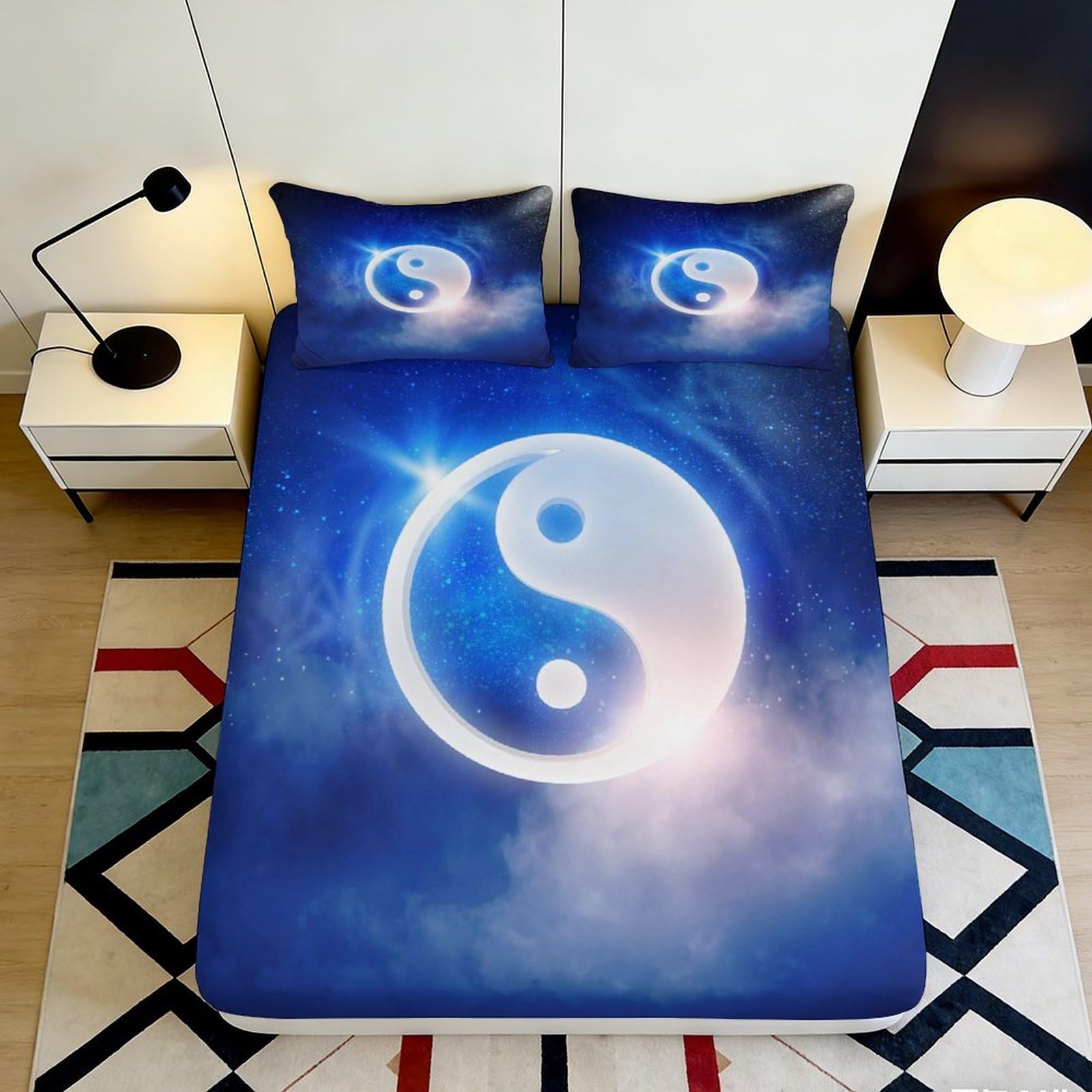 3D Printed Yin Yang Galaxy Fitted Sheet Microfiber Soft Breathable Cosmic Nebula Mattress Cover for Bedroom Decor, Anti-Slip, Machine Washable, Dustproof, 100-120cm 90x200x25cm