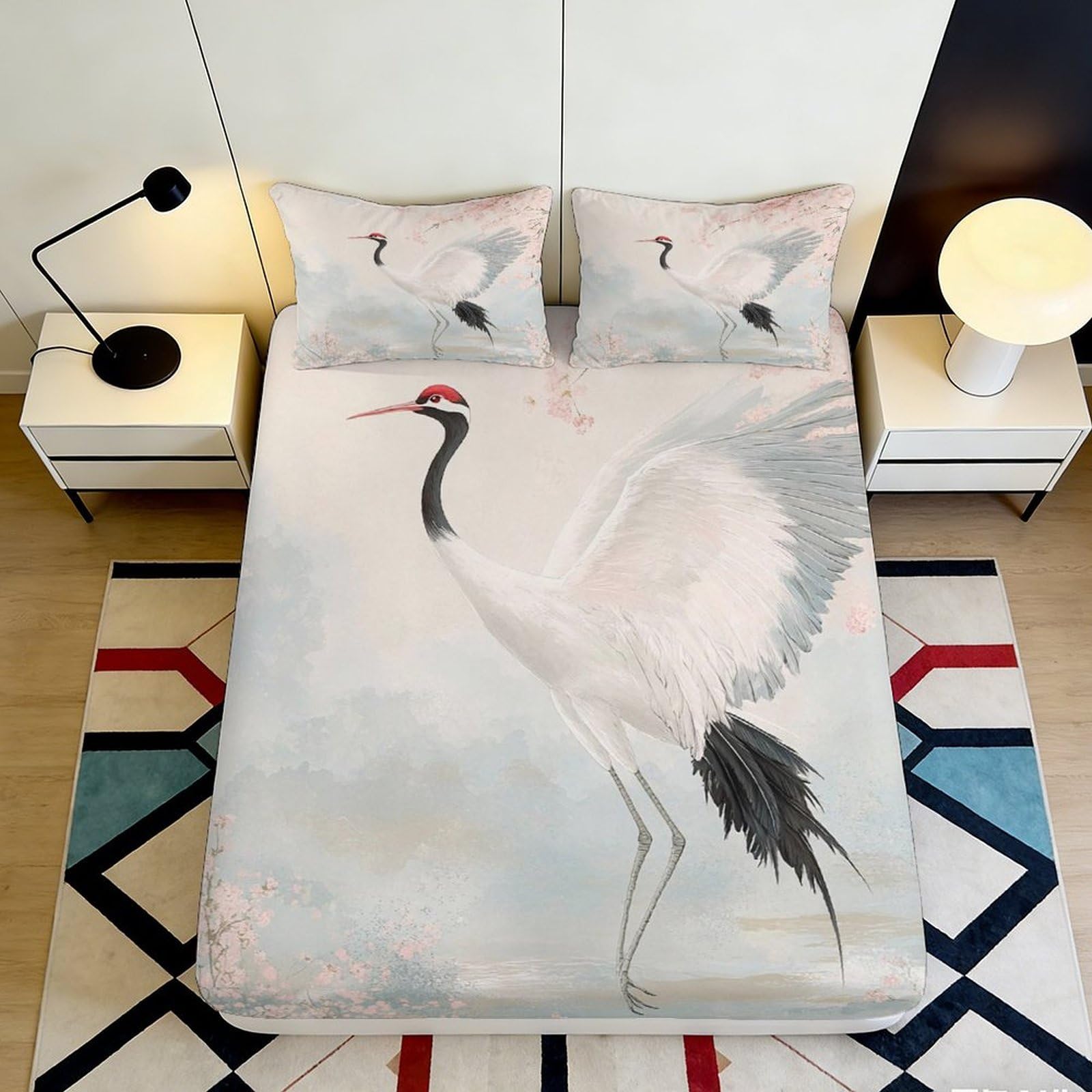 3D Printed Crane Cherry Blossom Fitted Sheet Microfiber Soft Non-slip Bed Cover for Bedroom Guest Room Decor 120x200x25cm